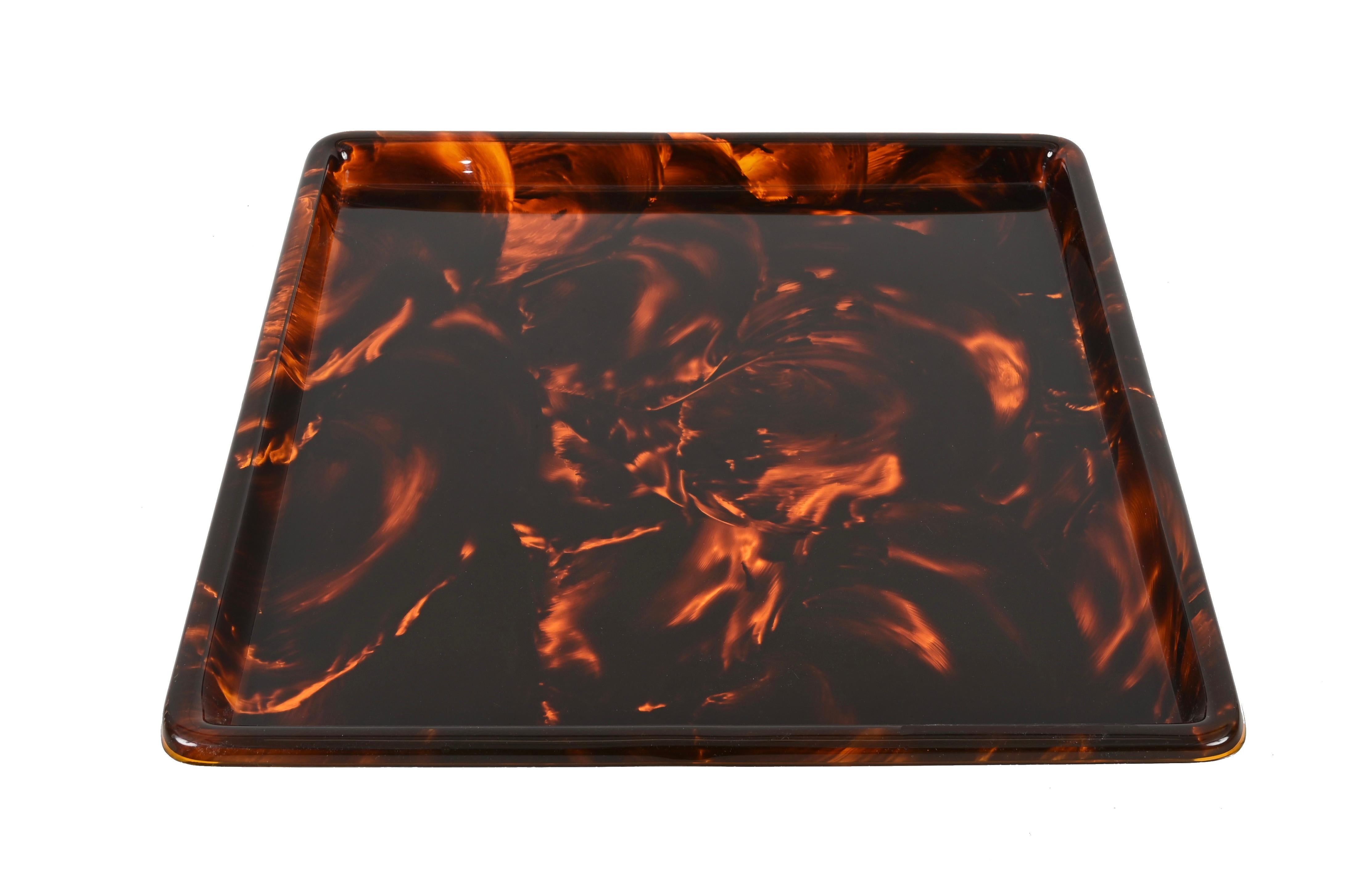 Hand-Crafted Christian Dior Square Tortoiseshell Effect Lucite Serving Tray, Italy 1970s For Sale