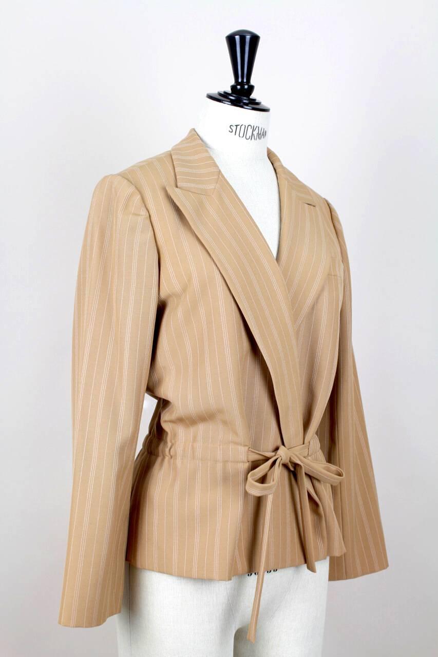 Christian Dior S/S 1976 Haute Couture Marc Bohan Tan Wool Pinstriped Jacket In Excellent Condition In Munich, DE