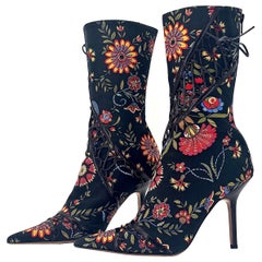 Christian Dior SS 2002 Galliano Floral Print Pointed Toe Stiletto Boots 39.5