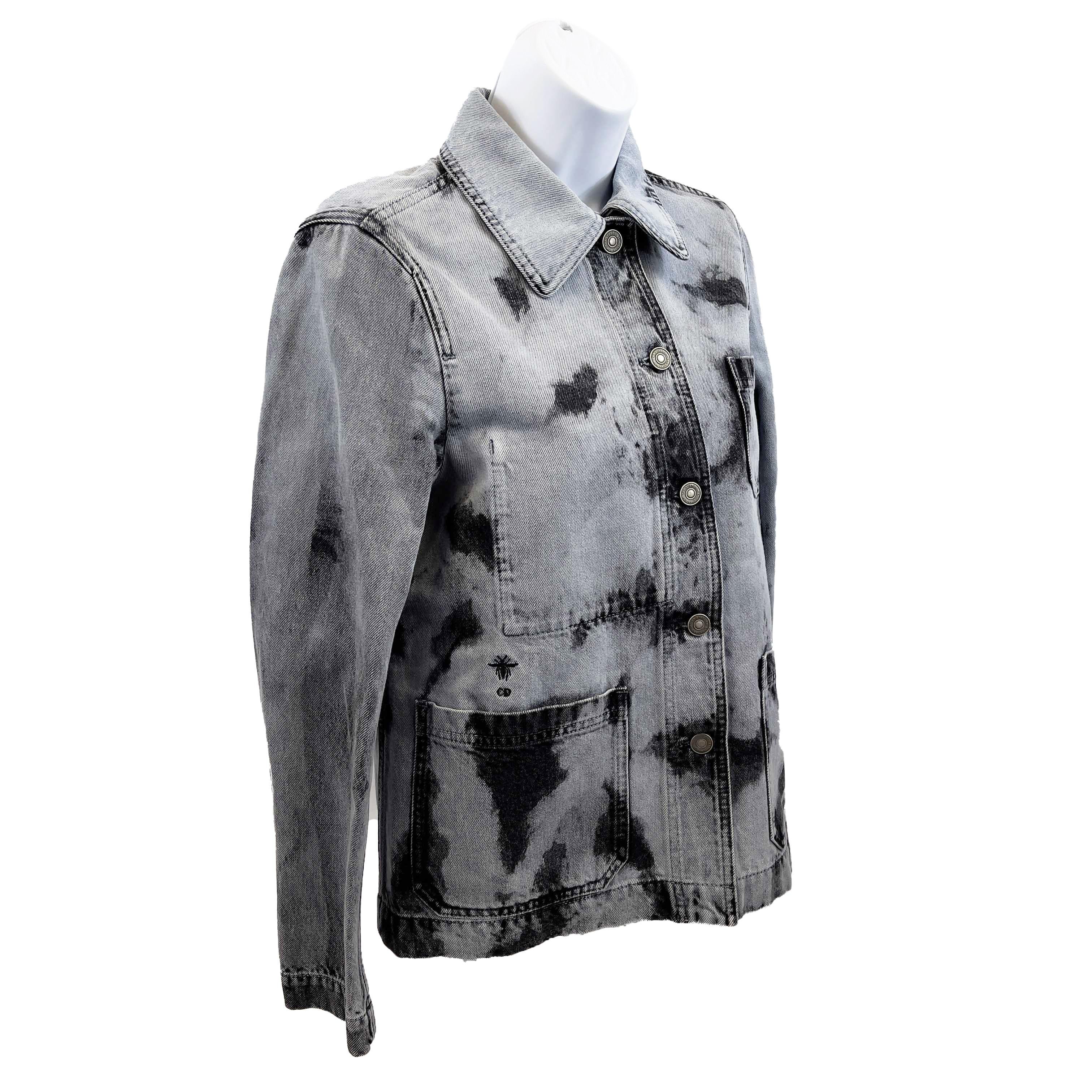 Christian Dior SS 2020 Bleached Denim Jacket Blue / Black S 34 US 2 NWT For Sale 1