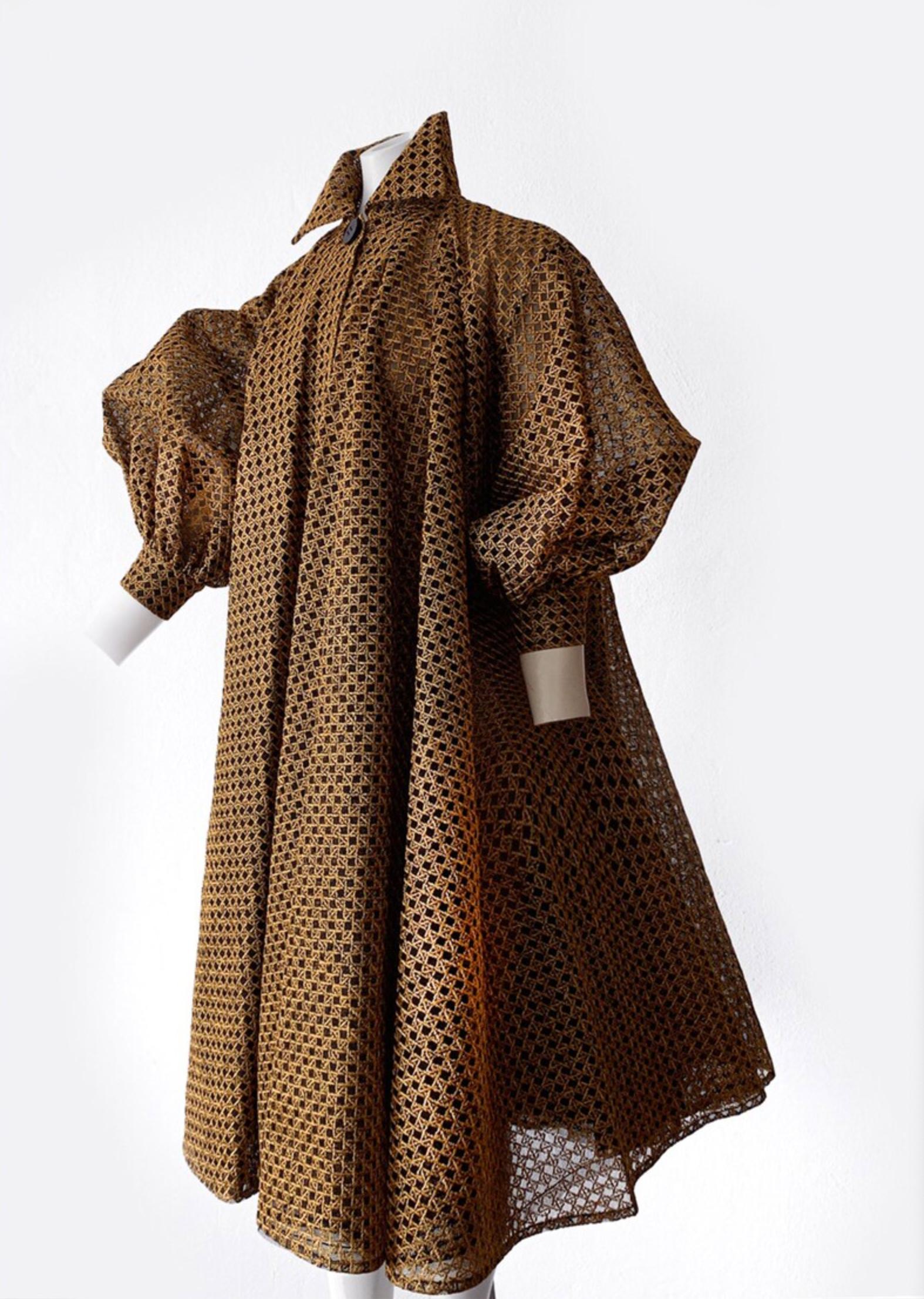 Brown CHRISTIAN DIOR SS1991 Spectacular Gold Coat Swing Overcoat Metallic Ferre For Sale