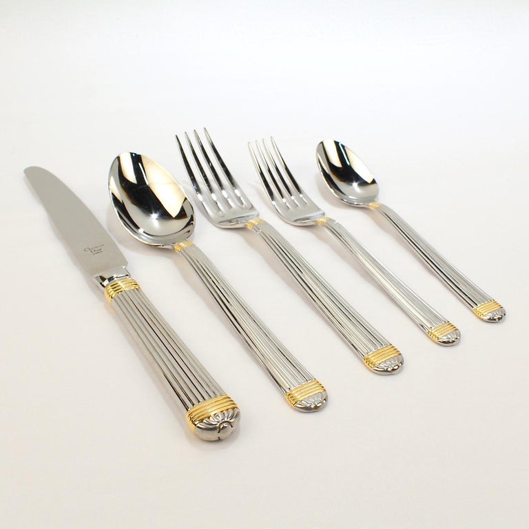 Christian Dior Stainless Steel Gaudron Flatware With Gold Accent Service For 18 For Sale At 1stdibs