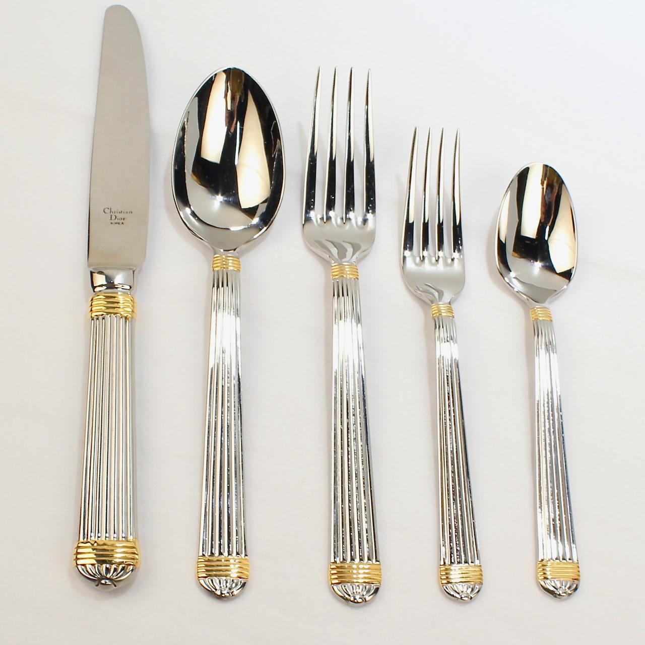 Christian Dior Stainless Steel Gaudron Flatware With Gold Accent Service For 18 For Sale At 1stdibs