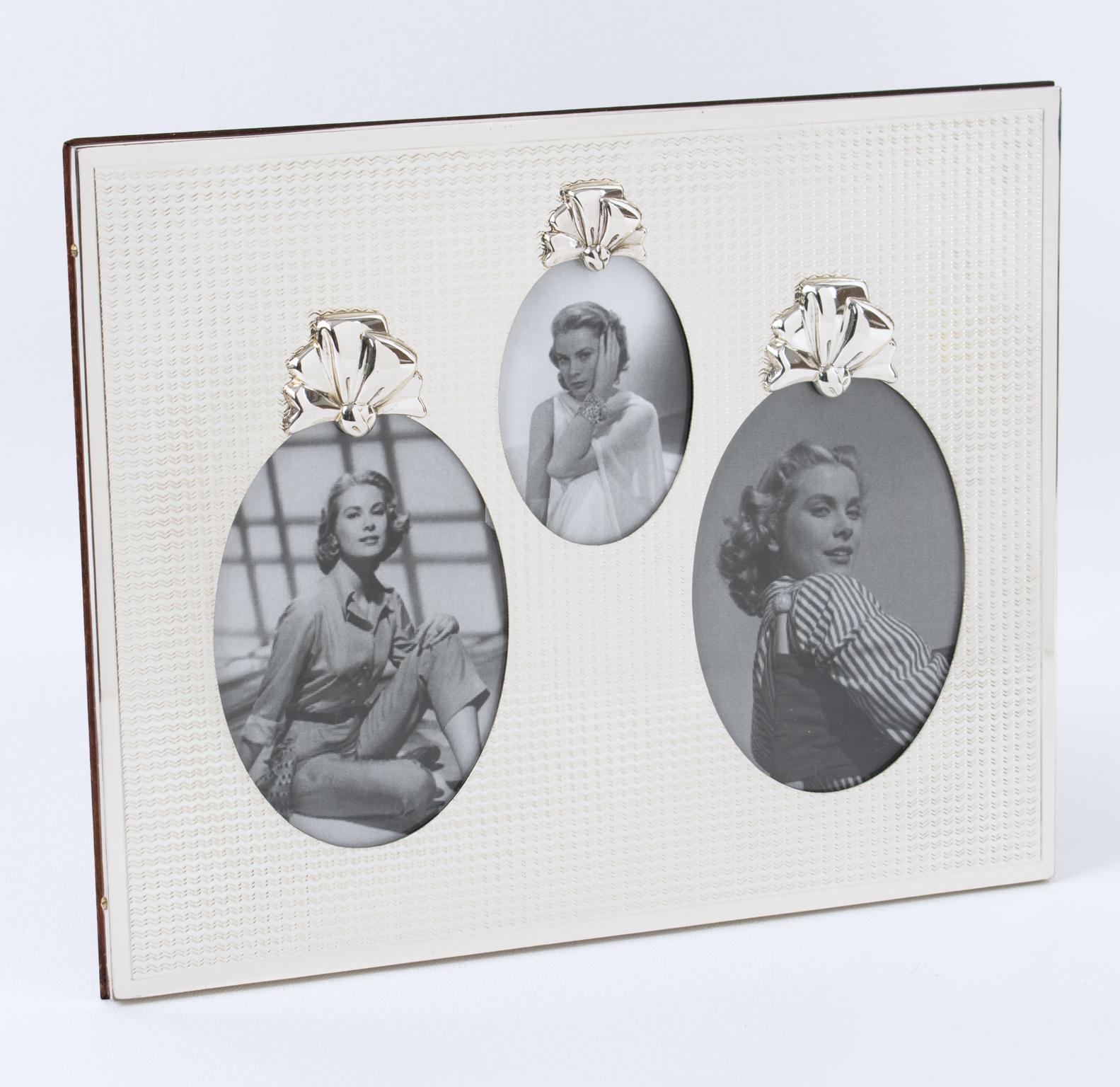 Dieser romantische Bilderrahmen aus Sterlingsilber wurde um 1980 für die Christian Dior Home Collection'S angefertigt. Mit seinen drei ovalen Perspektiven kann der Mehrfachansichtsrahmen ein Familientreffen oder mehrere Bilder derselben Person