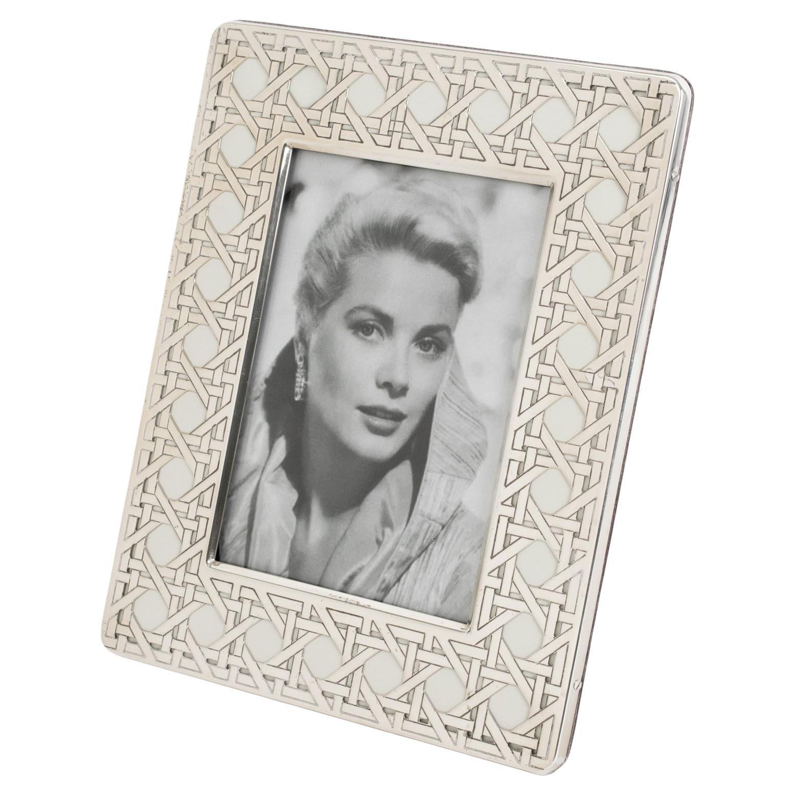 Christian Dior Sterling Silver Picture Frame with Cane-work Wicker Style Decor