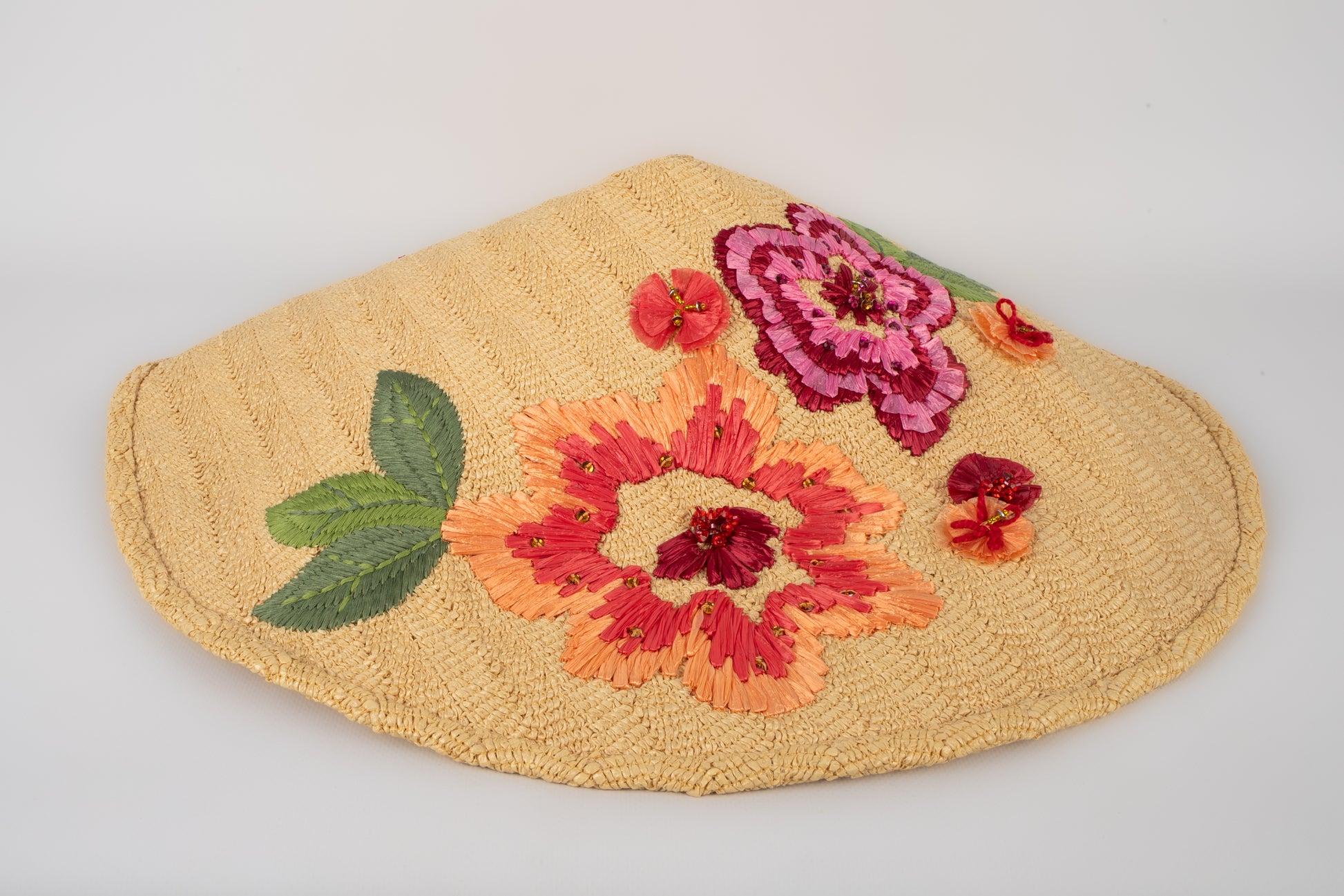 Beige Christian Dior Straw Hat Embroidered with Raffia Flowers, 2005