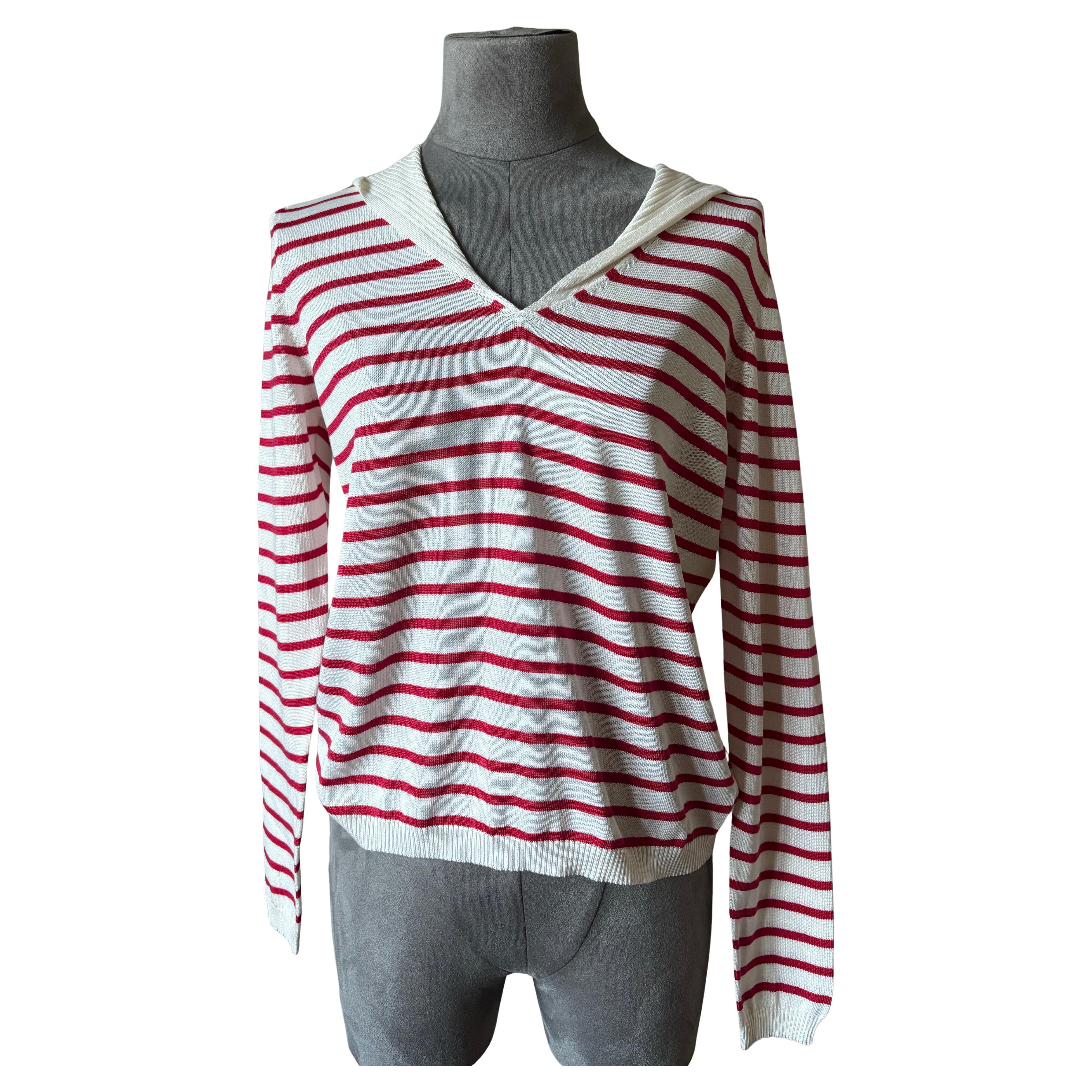 Christian Dior Striped Silk & Cotton Hooded Sweater – Red and White – Size FR 38