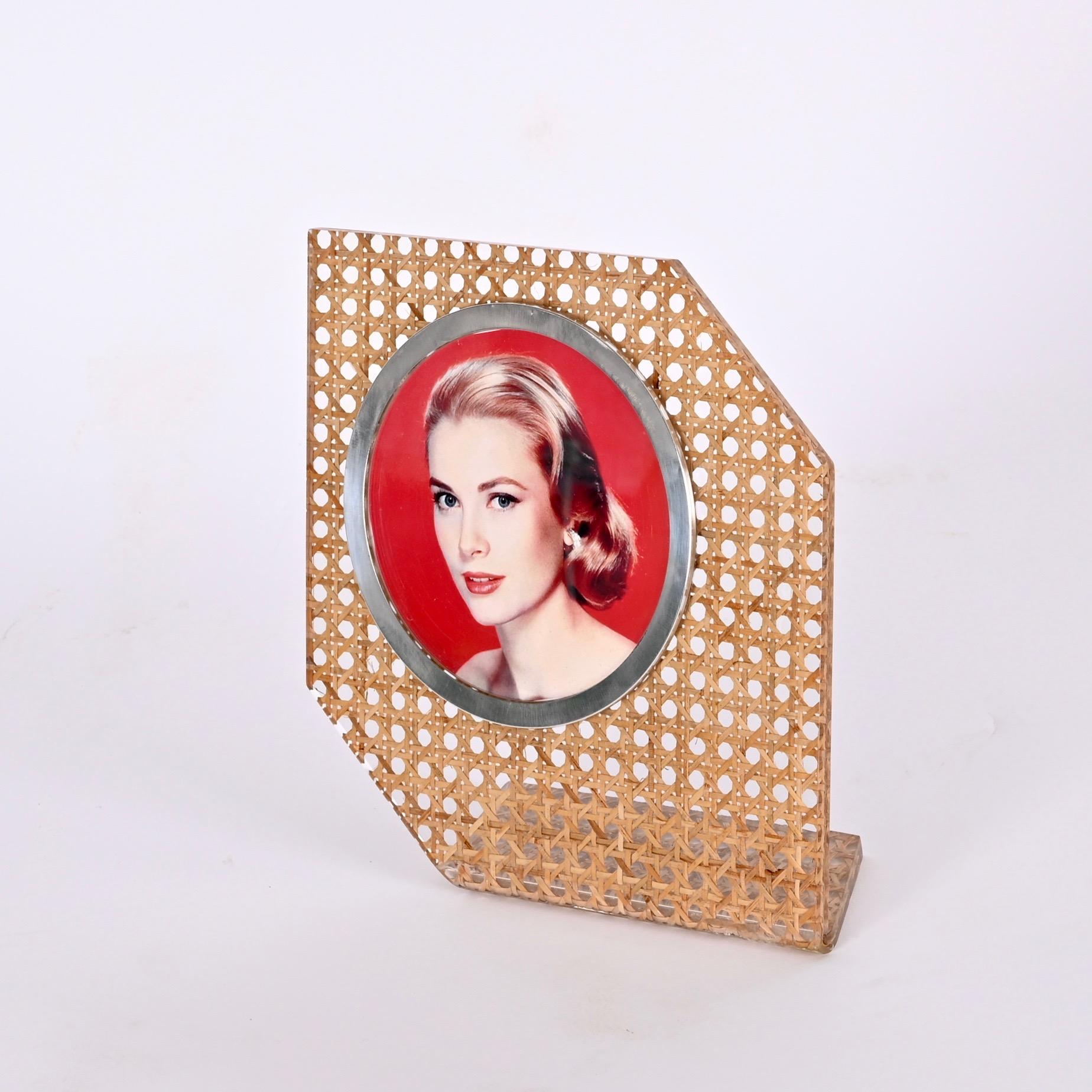 Christian Dior Style Lucite, Vienna Straw and Silver Italian Picture Frame 1970s For Sale 4