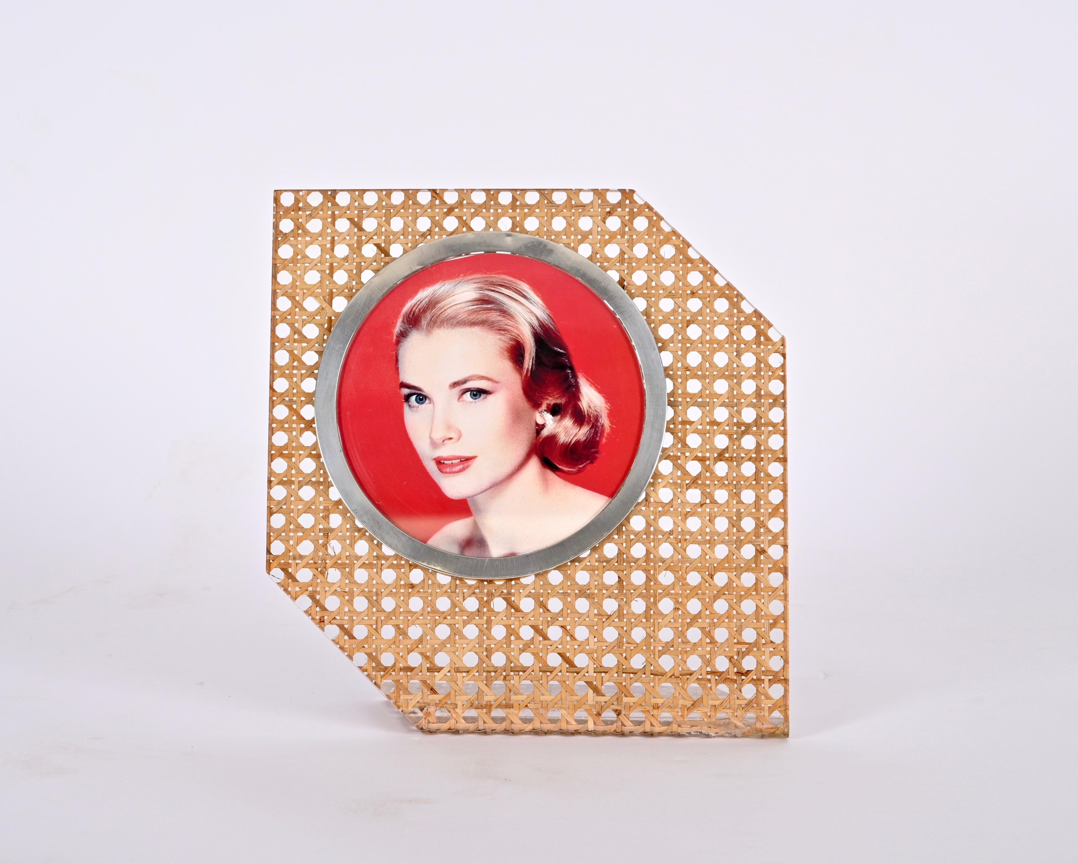 Christian Dior Style Lucite, Vienna Straw and Silver Italian Picture Frame 1970s For Sale 5