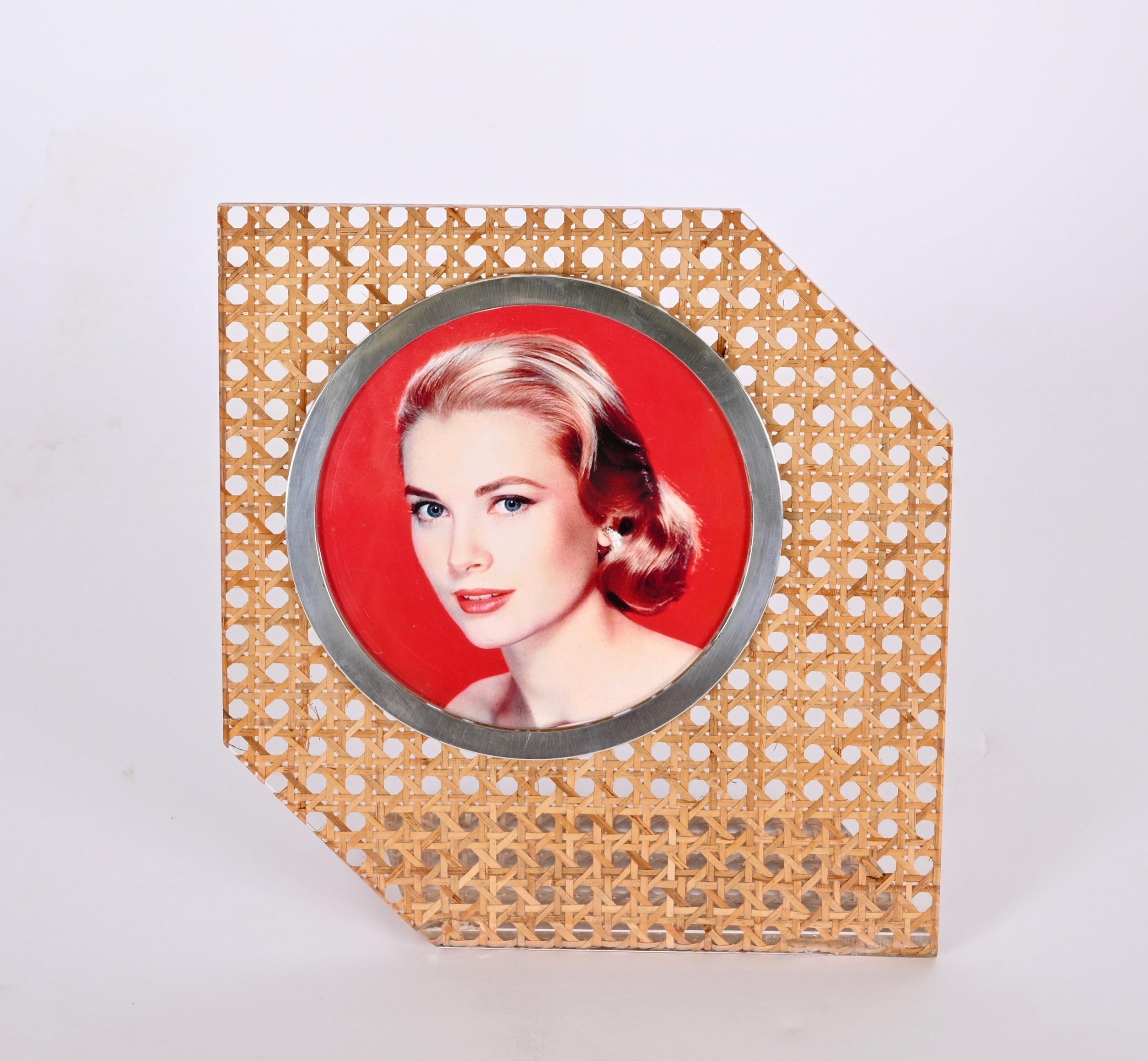 Rattan Christian Dior Style Lucite, Vienna Straw and Silver Italian Picture Frame 1970s For Sale