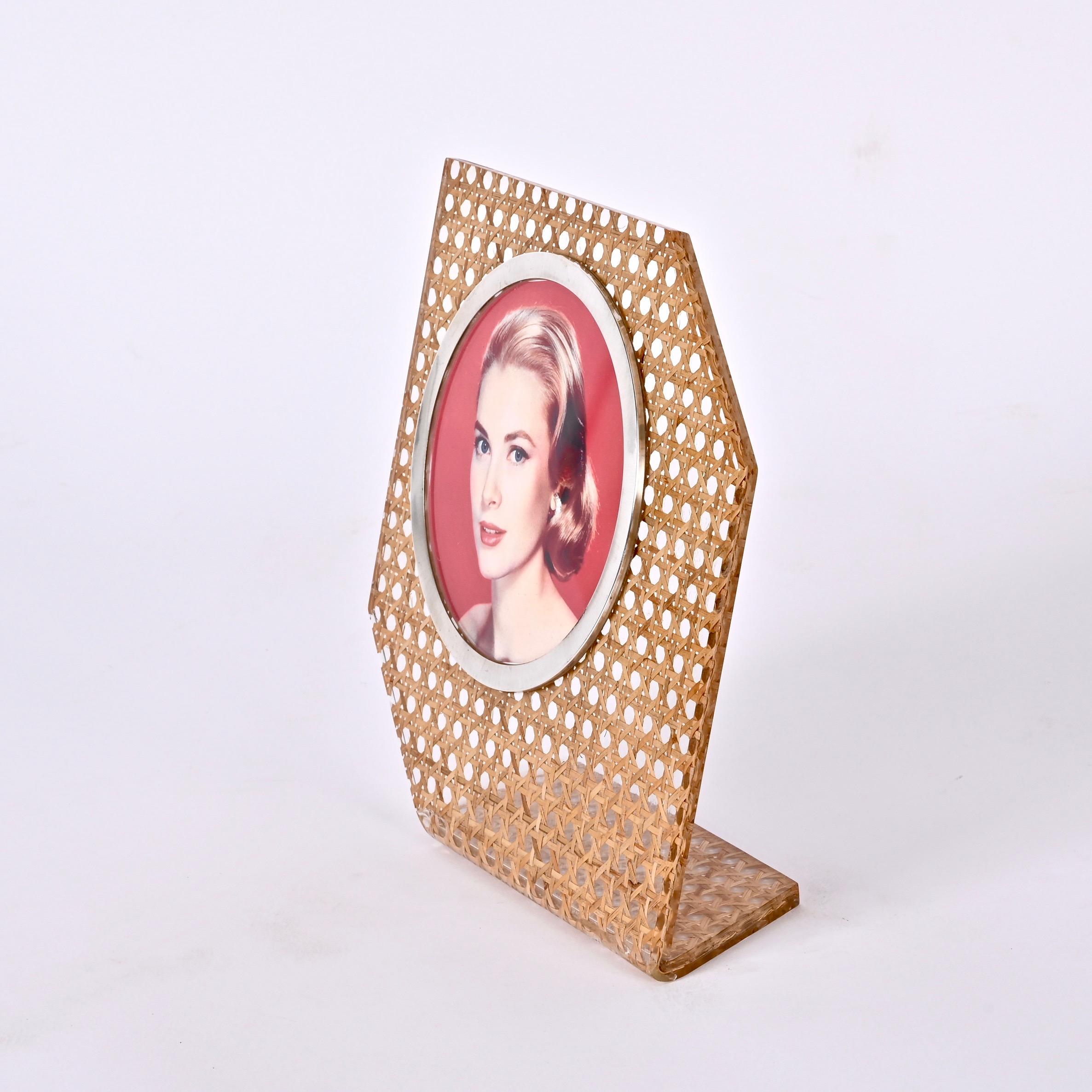 Christian Dior Style Lucite, Vienna Straw and Silver Italian Picture Frame 1970s For Sale 2