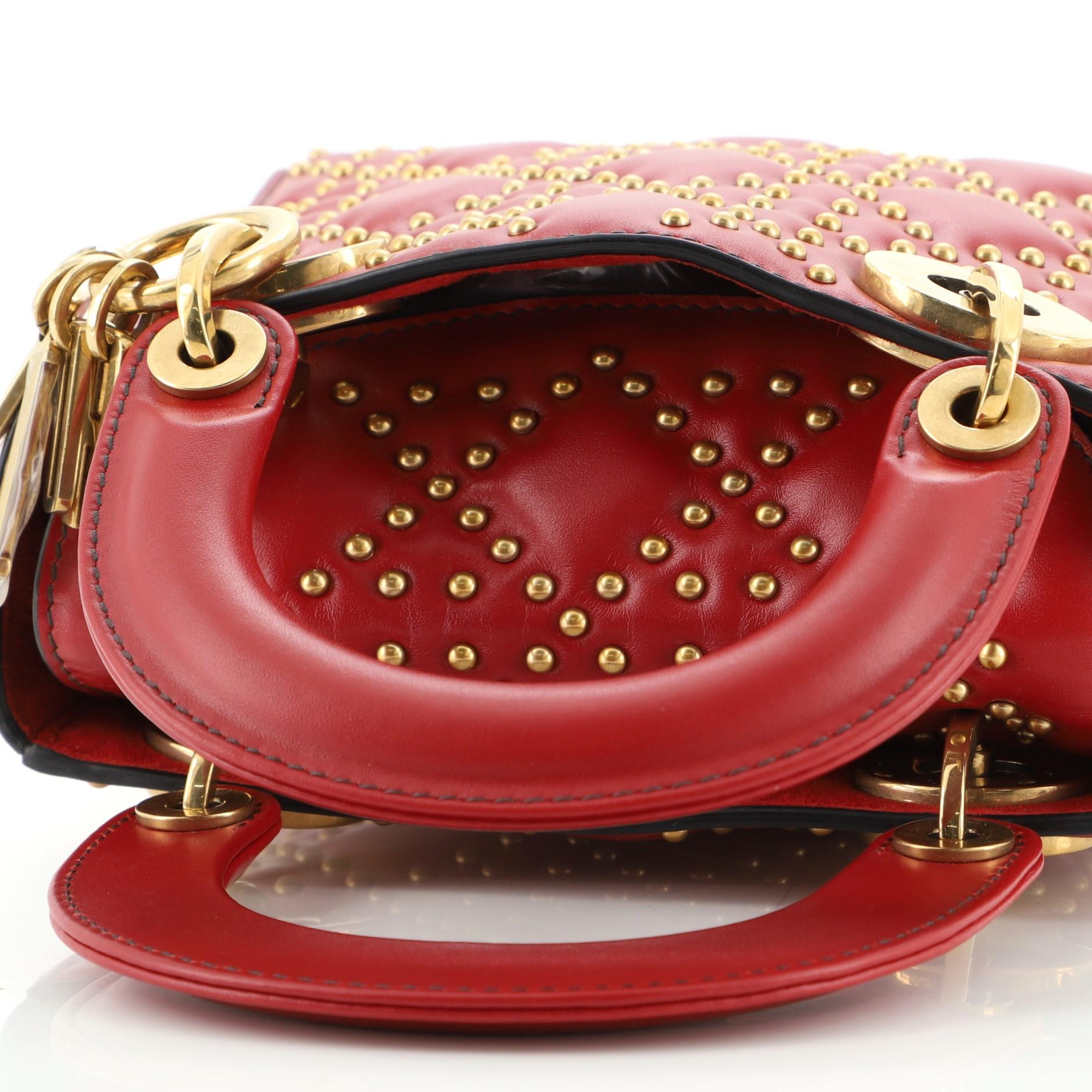 Red Christian Dior Supple Lady Dior Bag Cannage Studded Lambskin Mini