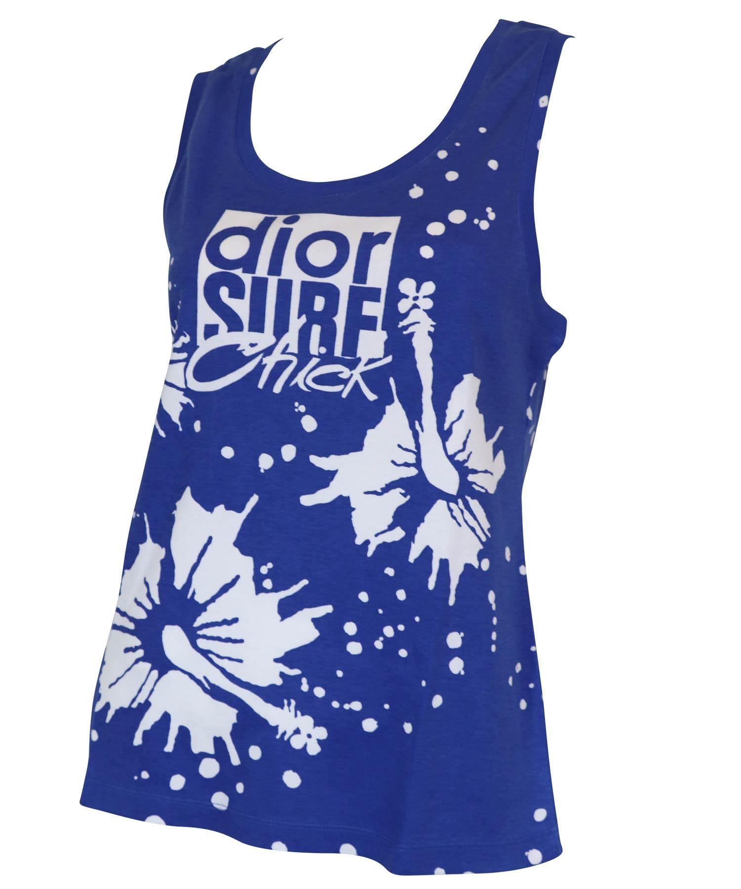 Christian Dior Surf Chick T Shirt from spring 2004 and designed by John Galliano. Blue background with white flowers and 