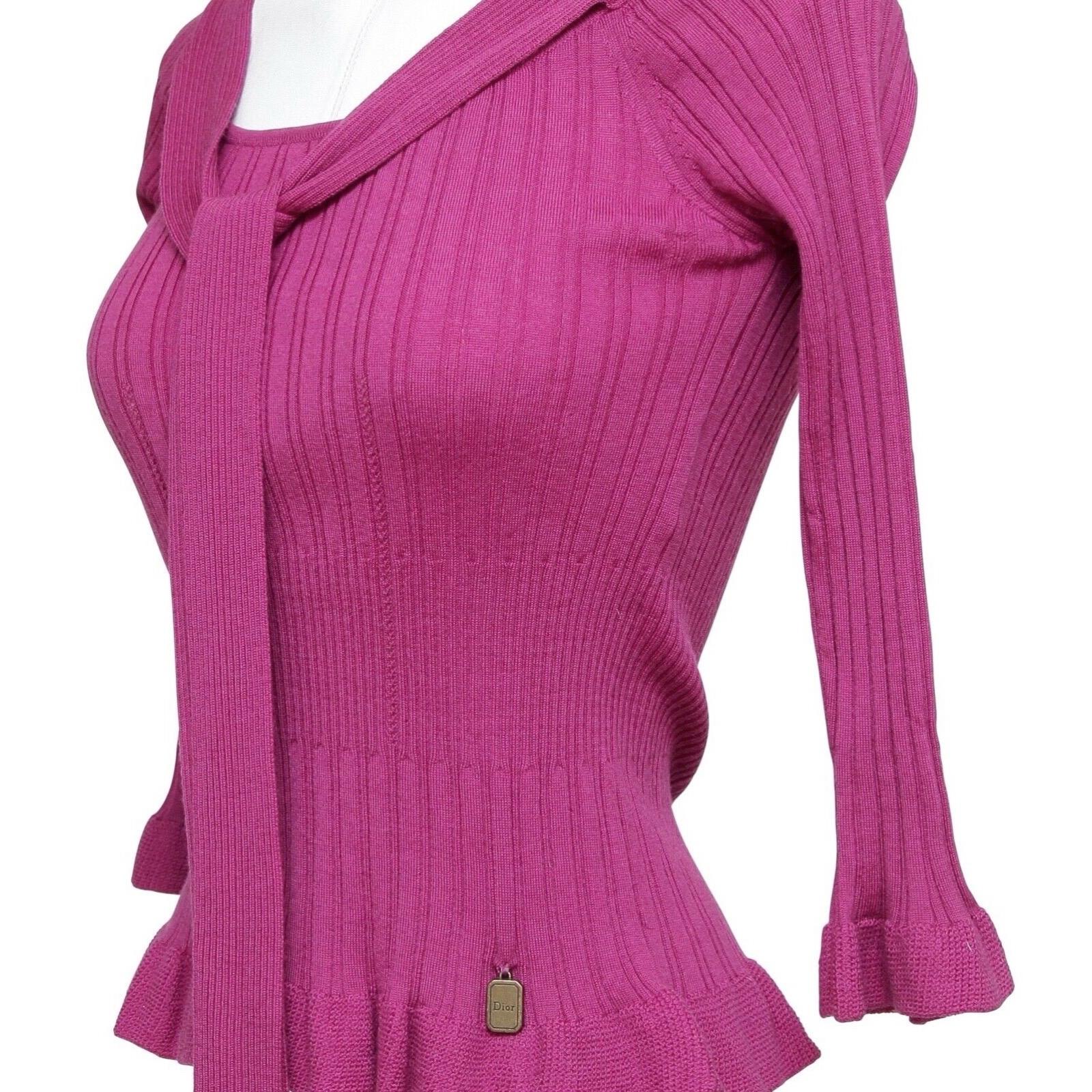 Pink CHRISTIAN DIOR Sweater Knit Top Magenta Scoop Neck Tie 3/4 Sleeve Sz 36 4 For Sale