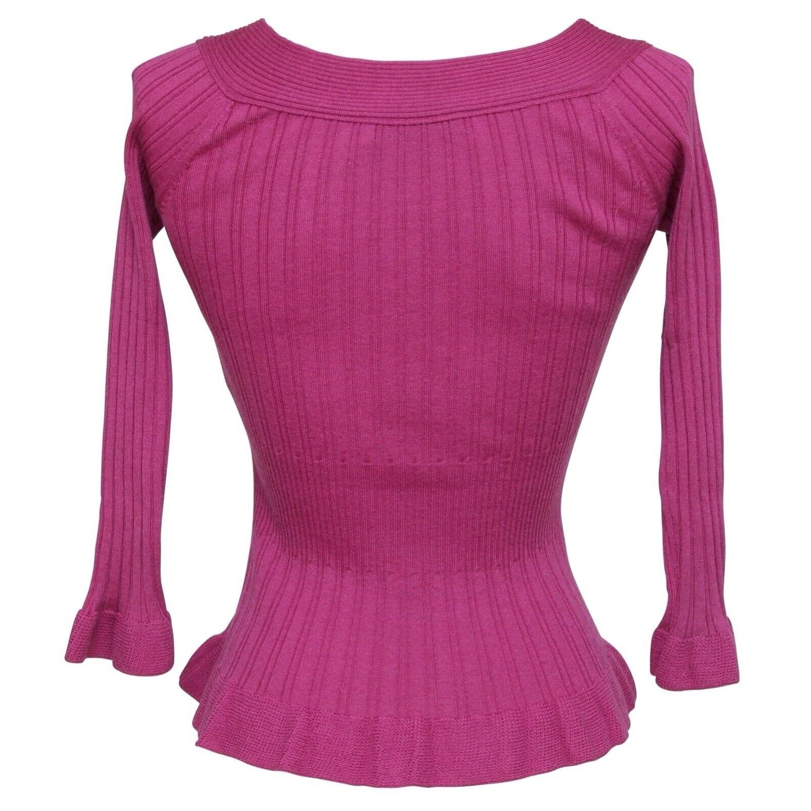 CHRISTIAN DIOR Sweater Knit Top Magenta Scoop Neck Tie 3/4 Sleeve Sz 36 4 In Excellent Condition For Sale In Hollywood, FL