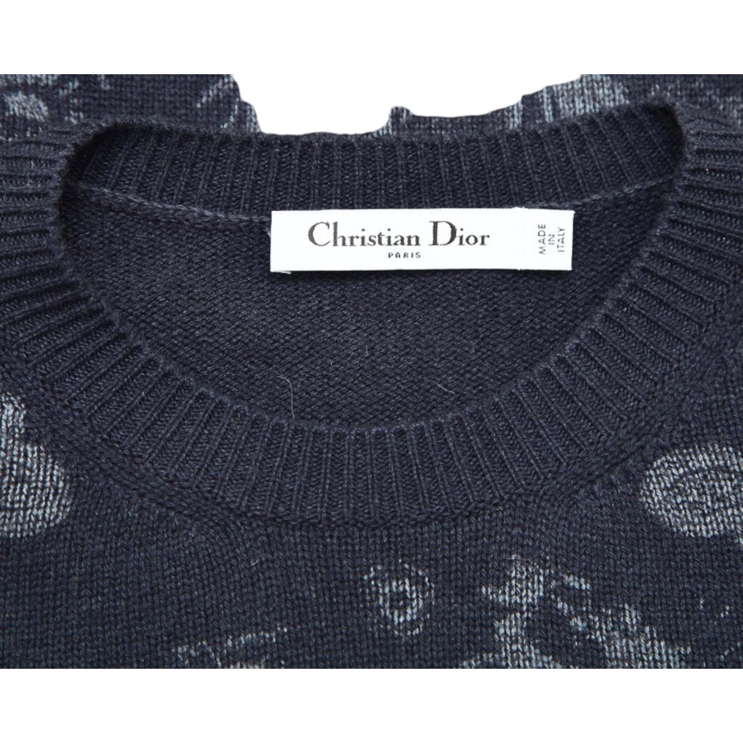 CHRISTIAN DIOR Sweater Top Blue Long Sleeve Crew Neck Print Cashmere Sz 36 2021 For Sale 2