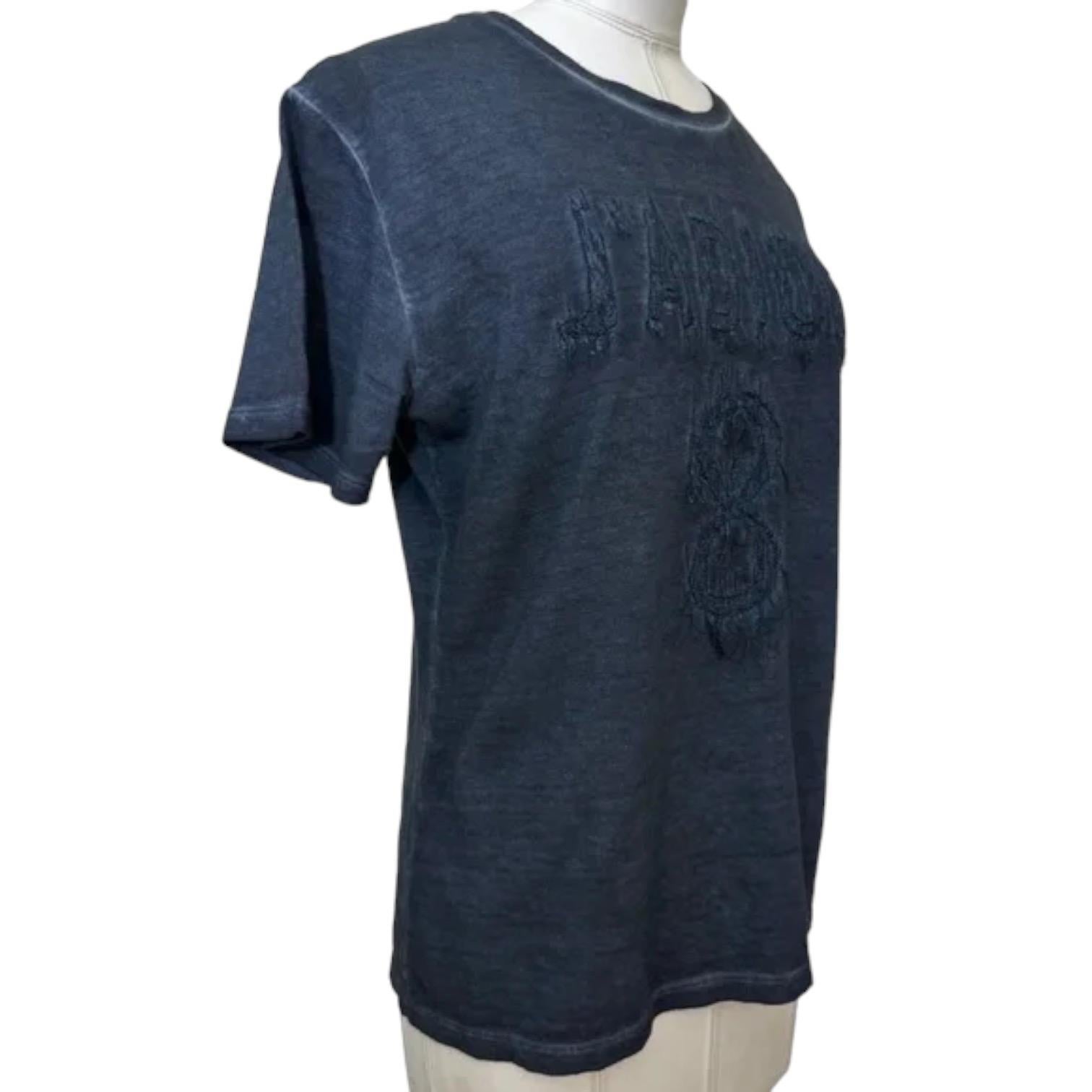 GUARANTEED AUTHENTIC CHRISTIAN DIOR NAVY J'ADIOR 8 T-SHIRT

Design:
- J'Adior 8 logo t-shirt in a navy blue tie-dye.
- Fringe design to the logo.
- Crew neck.
- Short sleeve.
- Slip on.

Size: S

Material: 85% Cotton, 15% Linen

Measurements