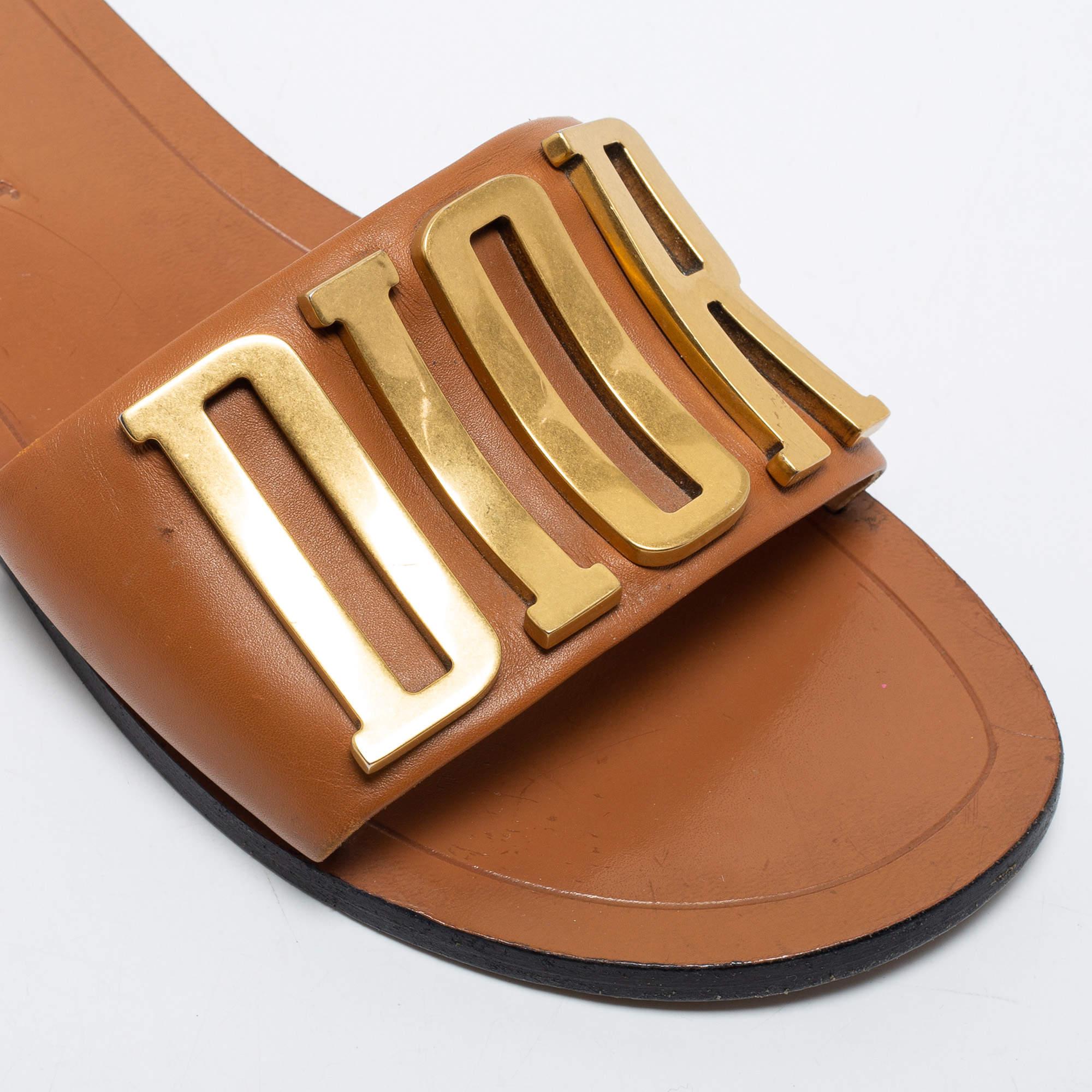 Women's Christian Dior Tan Leather Dior Evolution Flat Slides Size 38