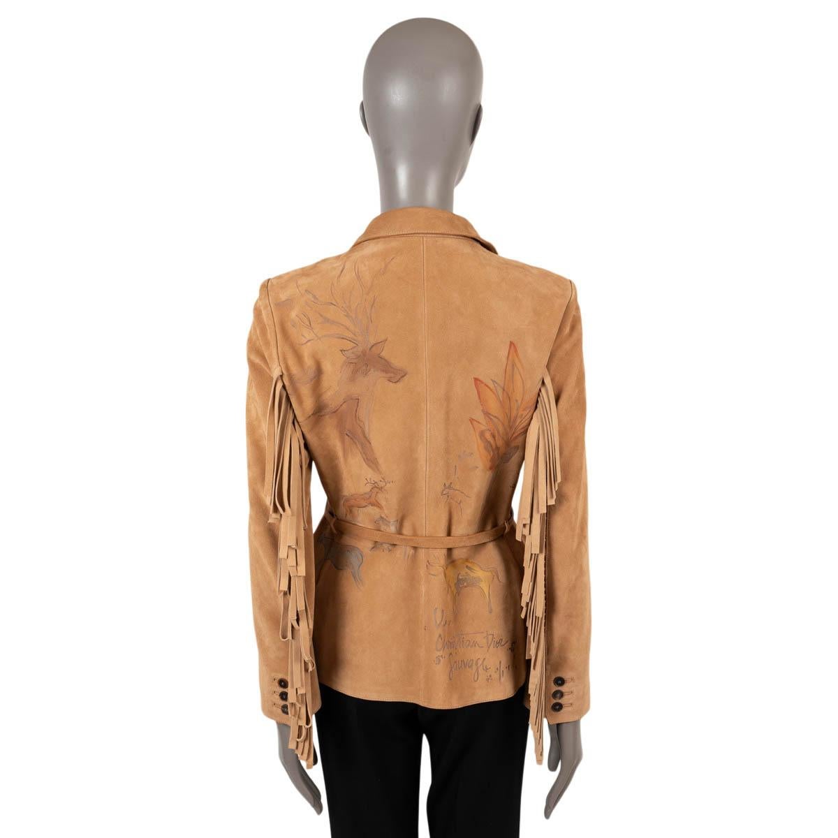 Women's CHRISTIAN DIOR tan suede 2018 PRINTED FRINGED BAR Jacket 40 M For Sale