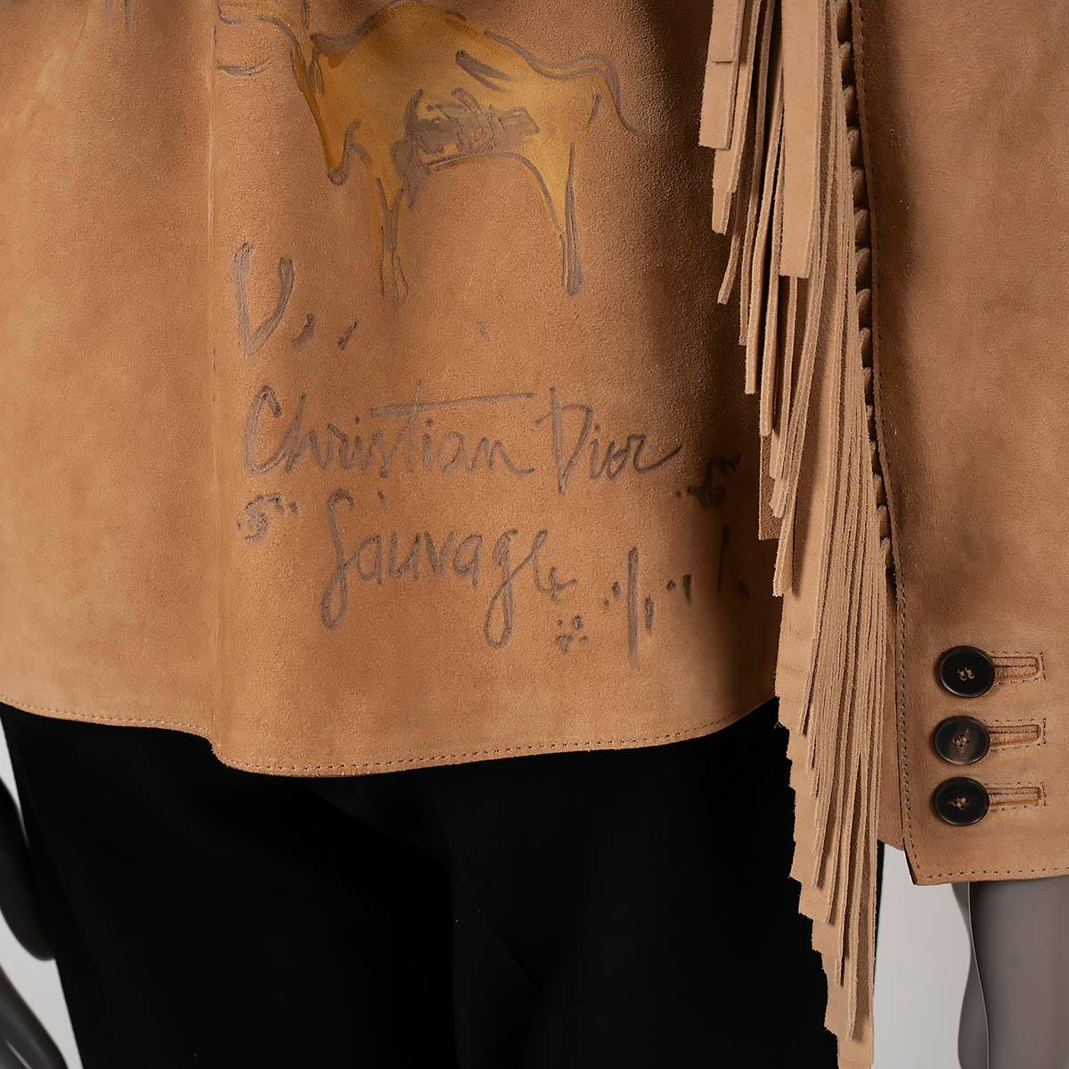 CHRISTIAN DIOR tan suede 2018 PRINTED FRINGED BAR Jacket 40 M For Sale 3
