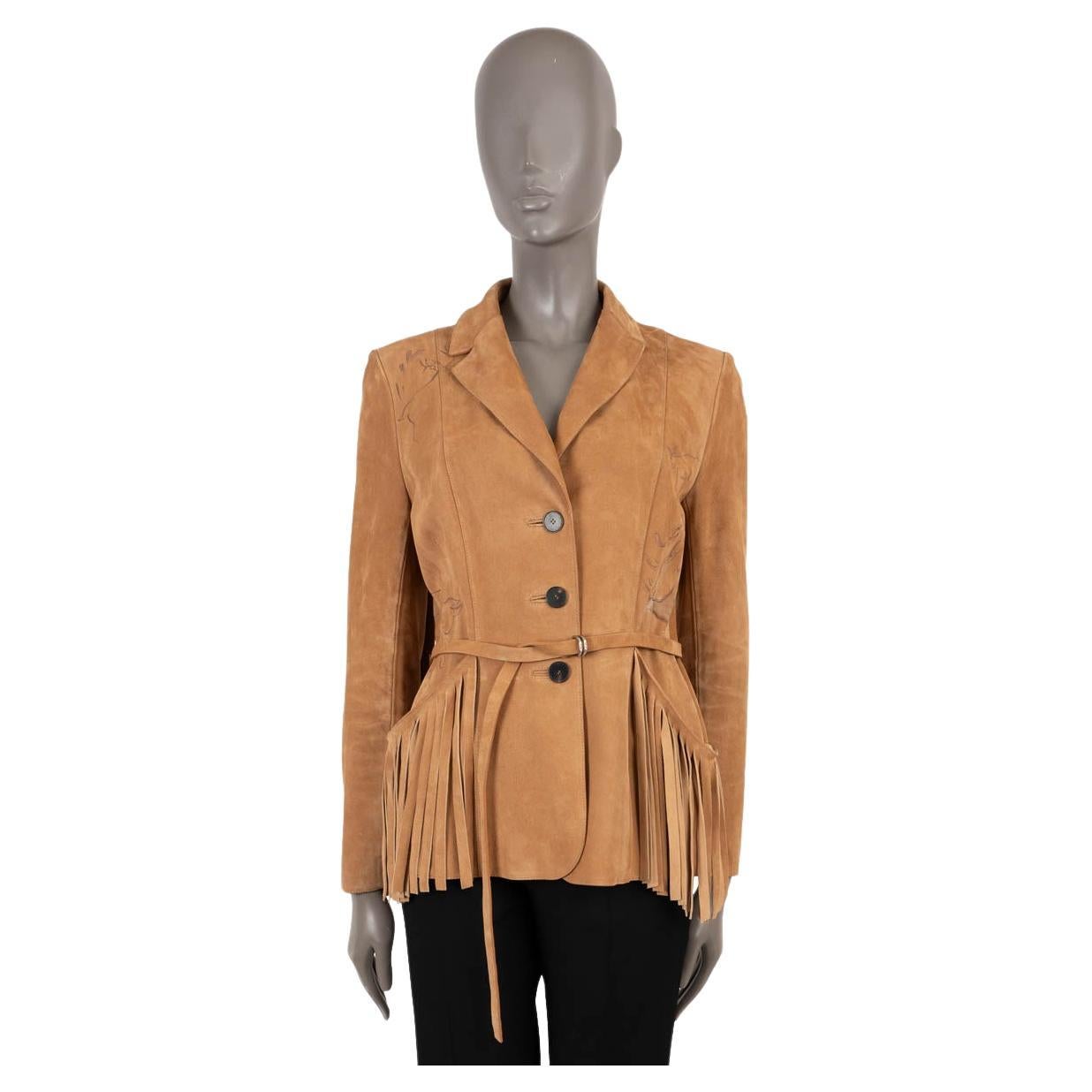 CHRISTIAN DIOR tan suede 2018 PRINTED FRINGED BAR Jacket 40 M For Sale