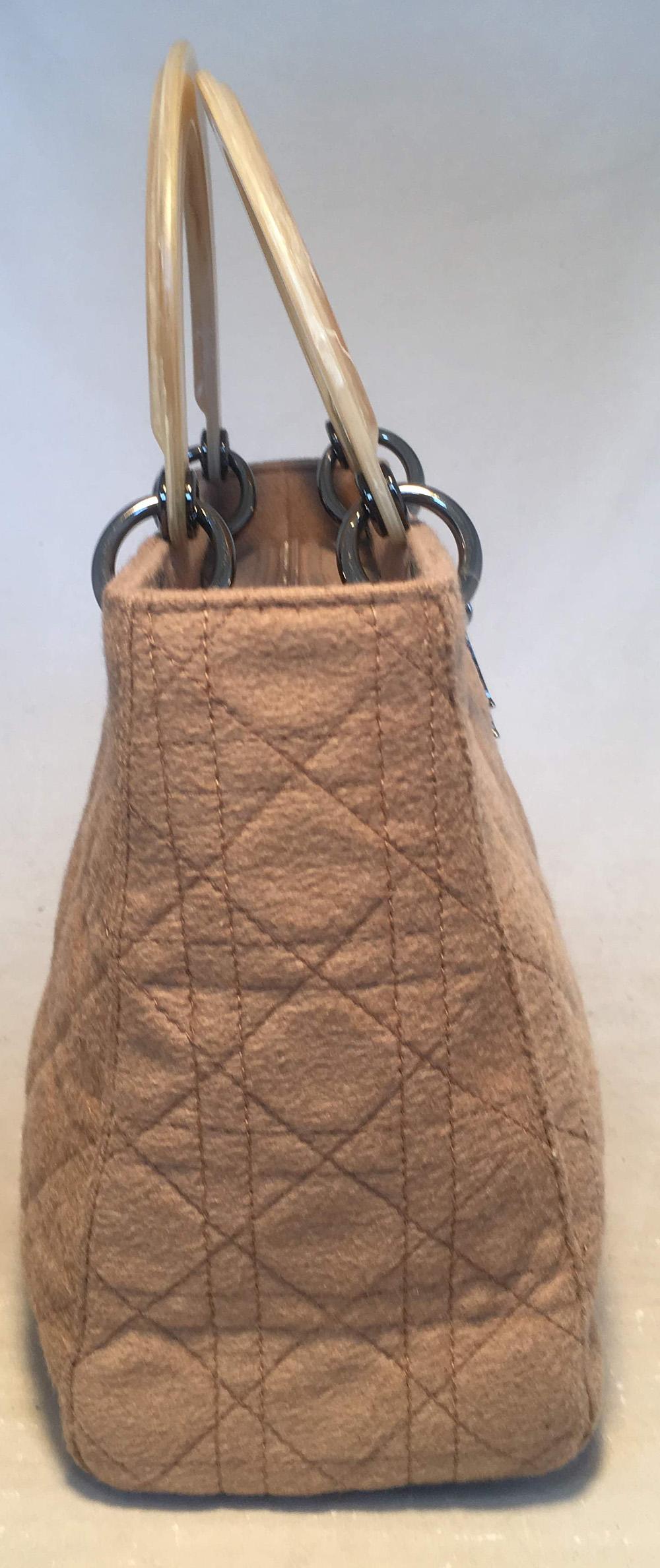 Christian Dior Tan Wool Cannage Quilted Medium Lady Di Bag excellent condition. Tan wool cannage quilted body trimmed with gunmetal hardware and beige brushed resin handles. Top flap snap closure opens to a brown nylon interior that holds one side
