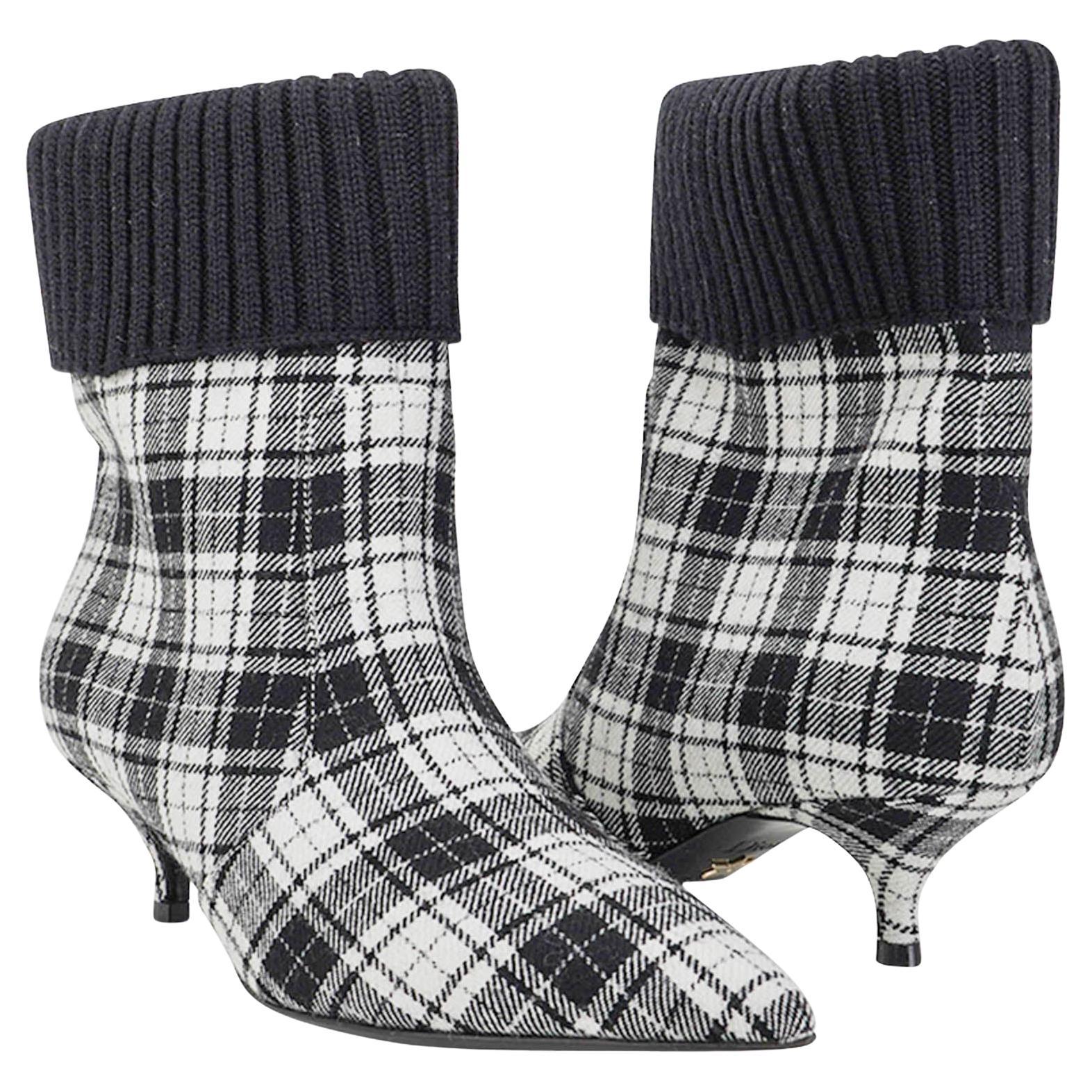 Christian Dior Tartan Beat Ankle Boot Black and White 37.5 For Sale