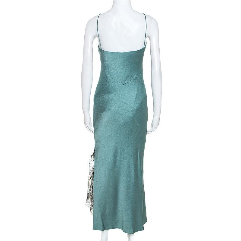 Blue Christian Dior Teal Crepe Contrast Lace Insert Slip Dress L