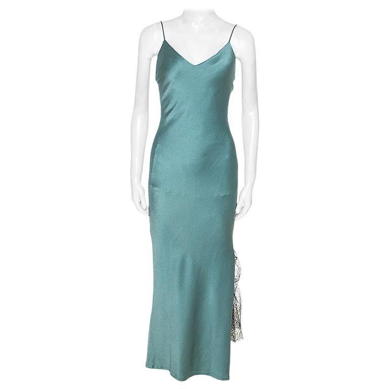 Christian Dior Teal Crepe Contrast Lace Insert Slip Dress L at 1stDibs