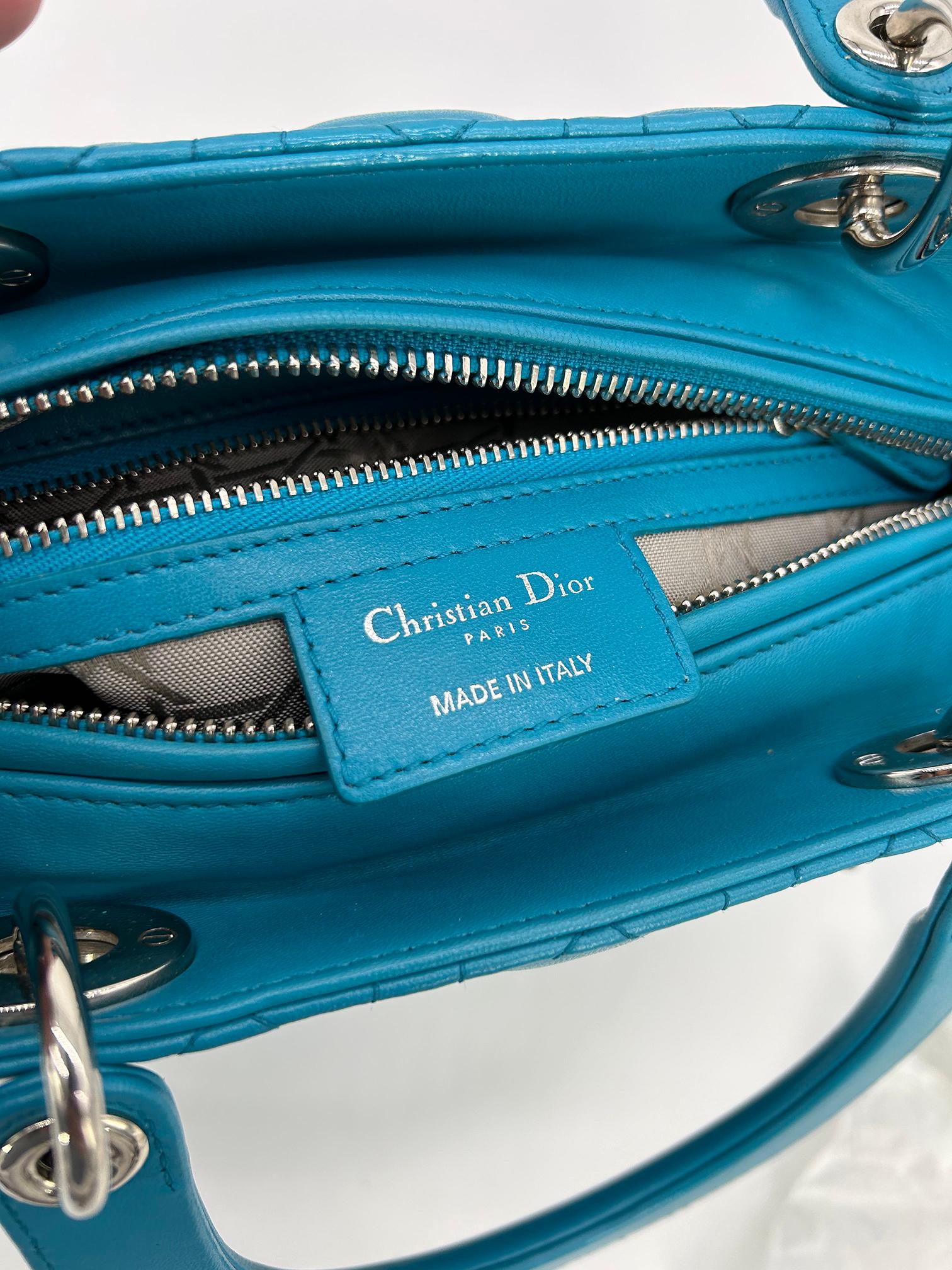 Christian Dior Teal Cannage Medium Lady Dior Cannage Tasche aus Leder in Blau im Angebot 7