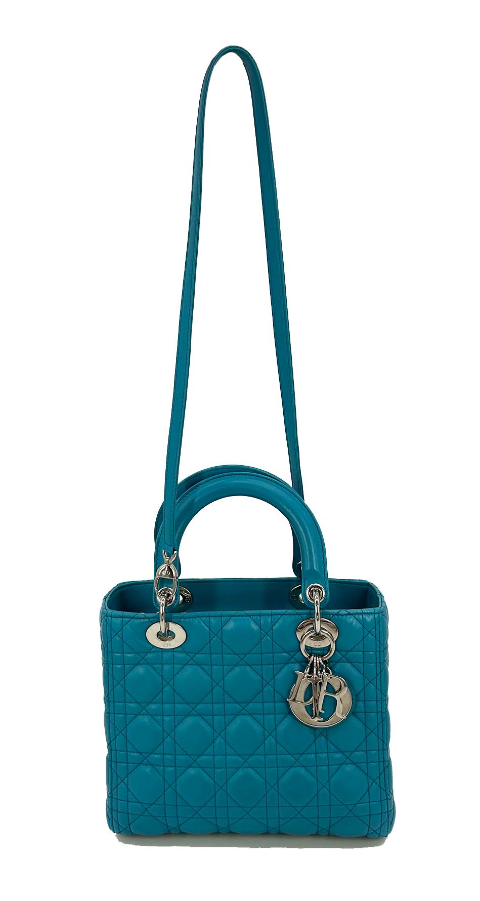 Christian Dior Teal Cannage Medium Lady Dior Cannage Tasche aus Leder in Blau im Angebot 10