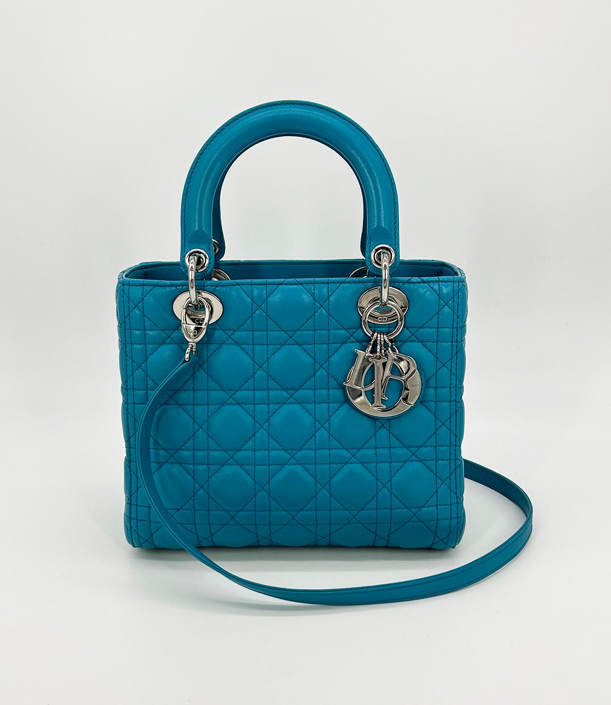 Christian Dior Teal Cannage Medium Lady Dior Cannage Tasche aus Leder in Blau im Angebot 11