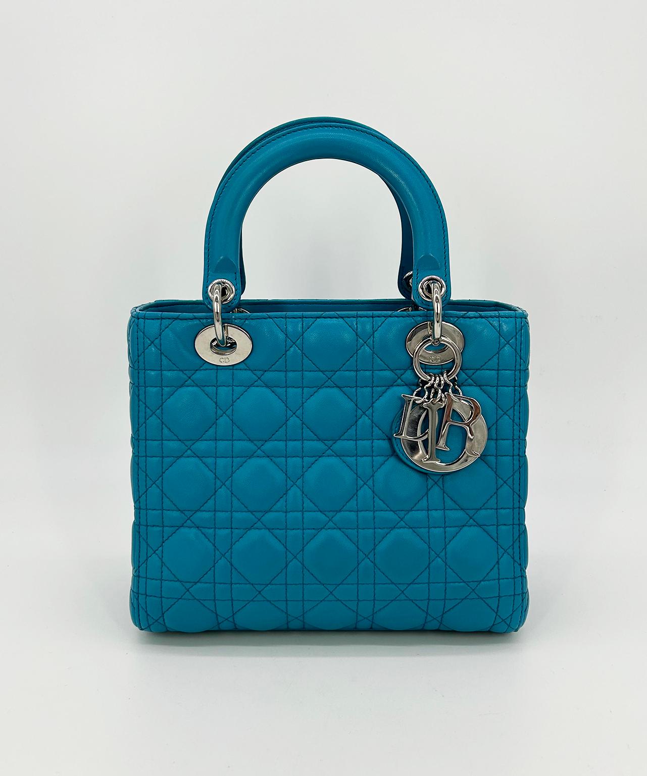Christian Dior Teal Leather Medium Lady Di Bag in excellent condition. Teal cannage quilted lambskin leather exterior trimmed with sparkling silver hardware. Double top handles. Removable matching leather shoulder strap easily converts between hand