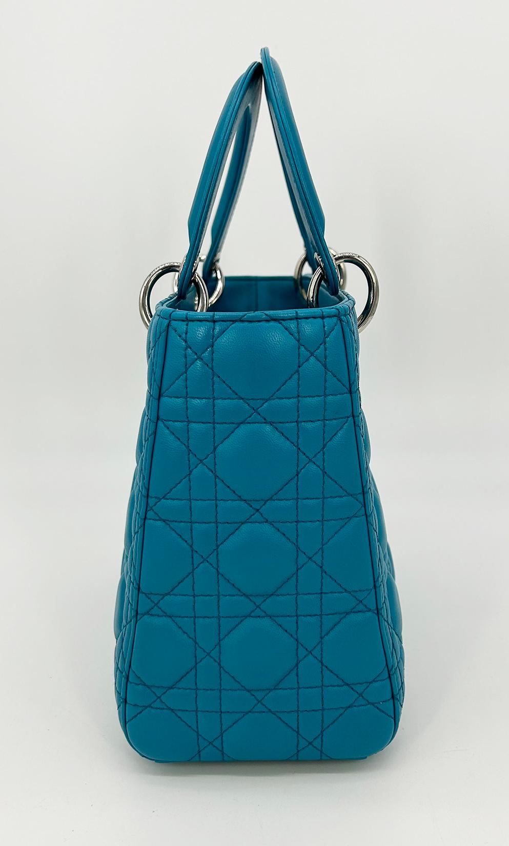 Christian Dior Teal Leather Cannage Medium Lady Di Bag In Excellent Condition For Sale In Philadelphia, PA