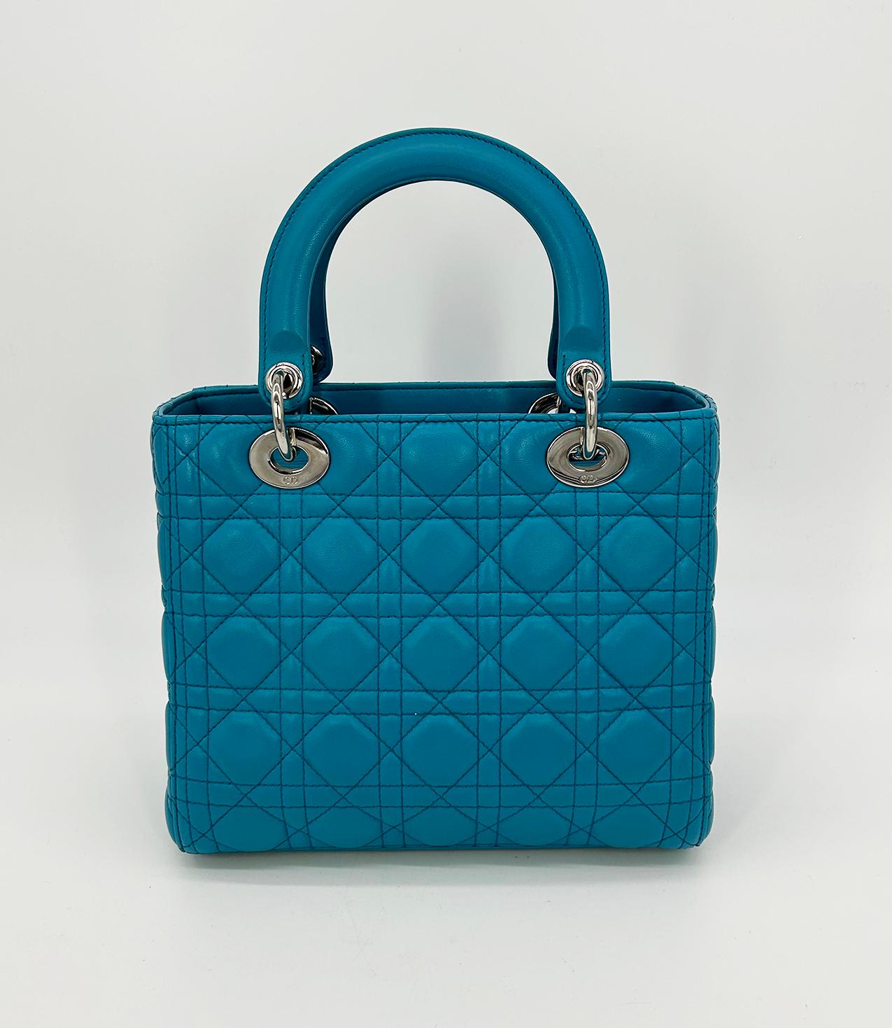 Christian Dior Teal Cannage Medium Lady Dior Cannage Tasche aus Leder in Blau Damen im Angebot