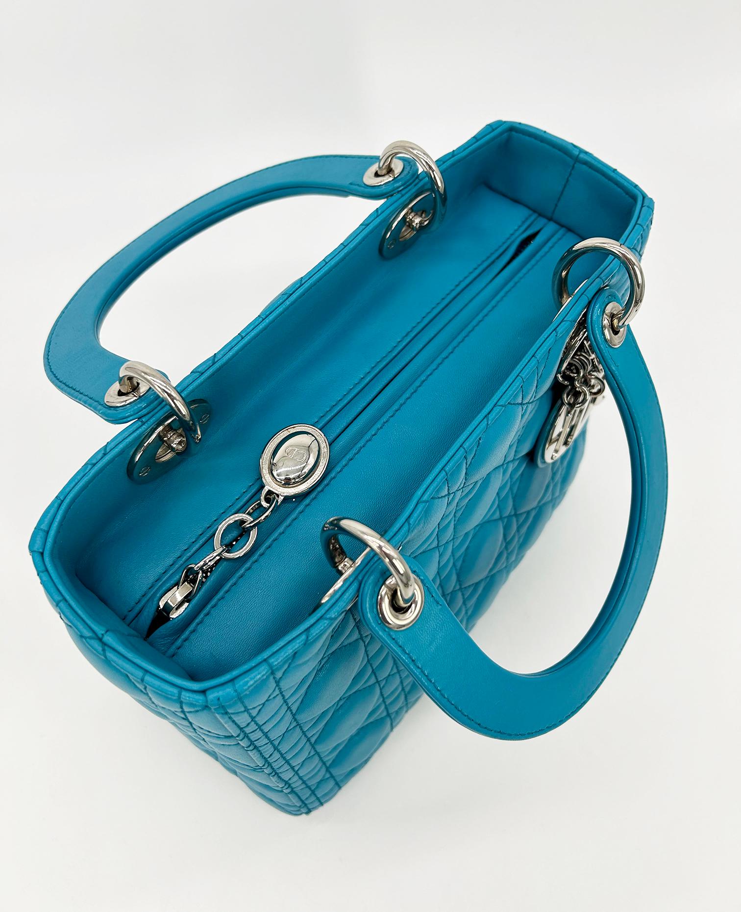 Christian Dior Teal Cannage Medium Lady Dior Cannage Tasche aus Leder in Blau im Angebot 5