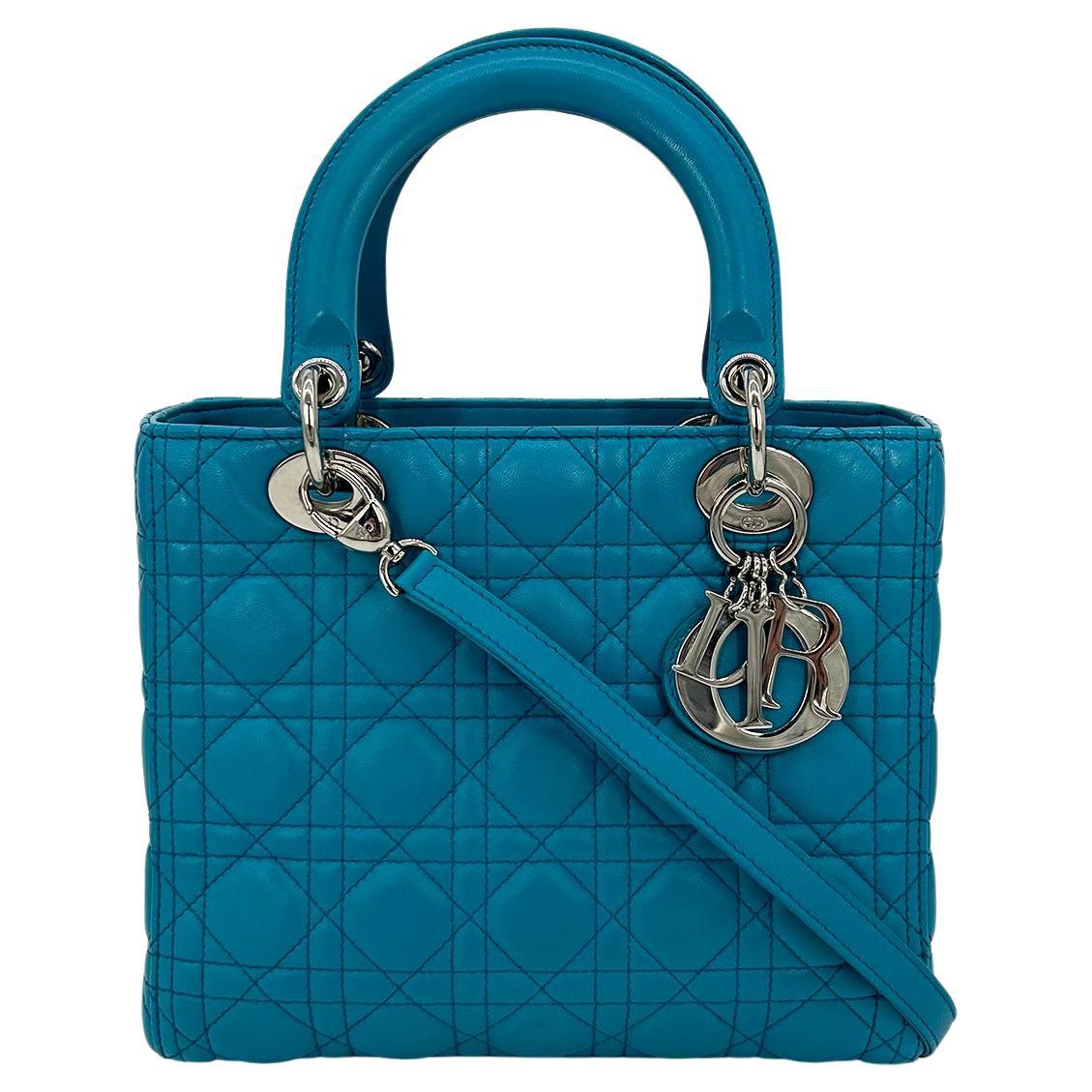 Christian Dior Teal Cannage Medium Lady Dior Cannage Tasche aus Leder in Blau im Angebot
