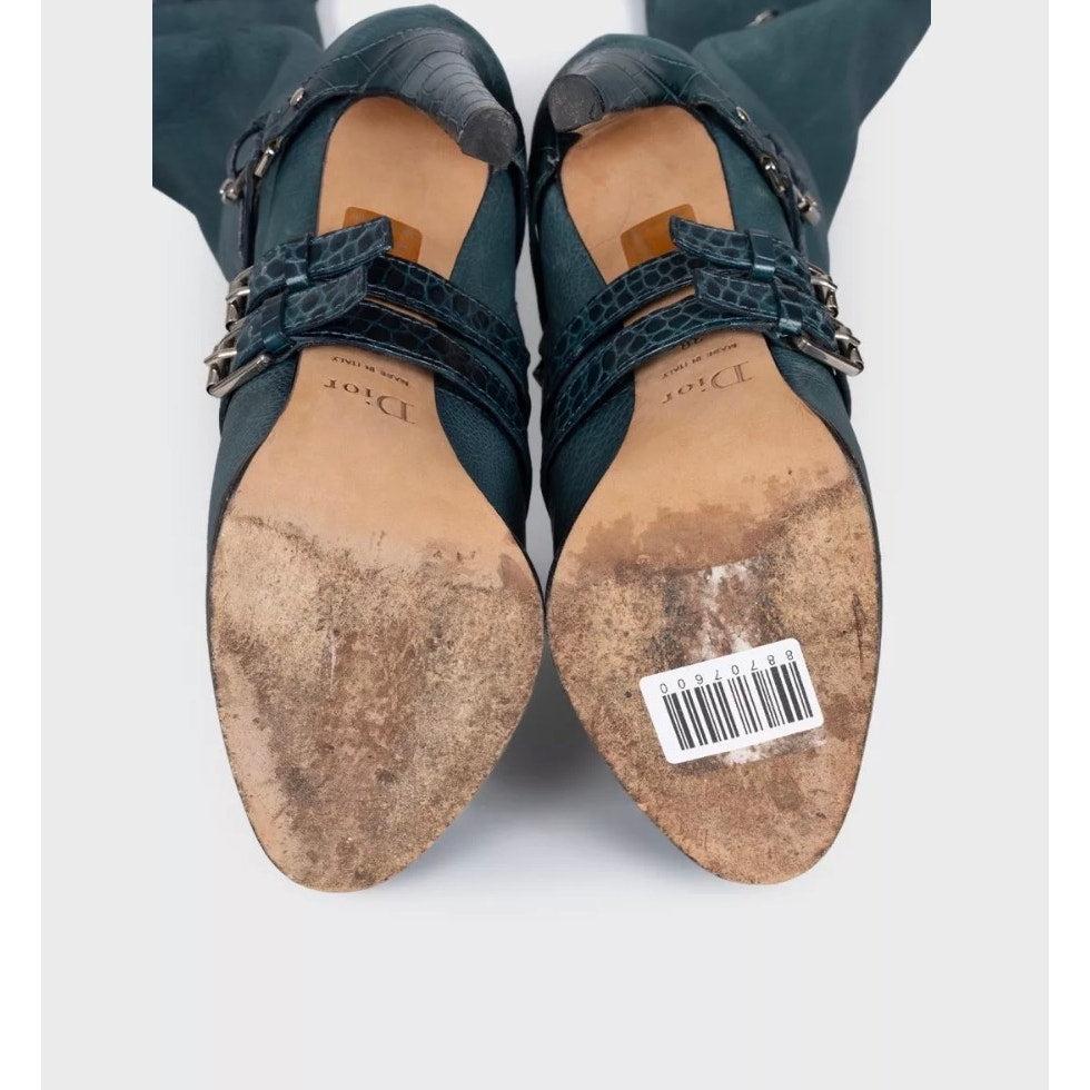 Christian Dior - Bottes à hauteur de genou en cuir couleur sarcelle - Taille 38 Pour femmes en vente