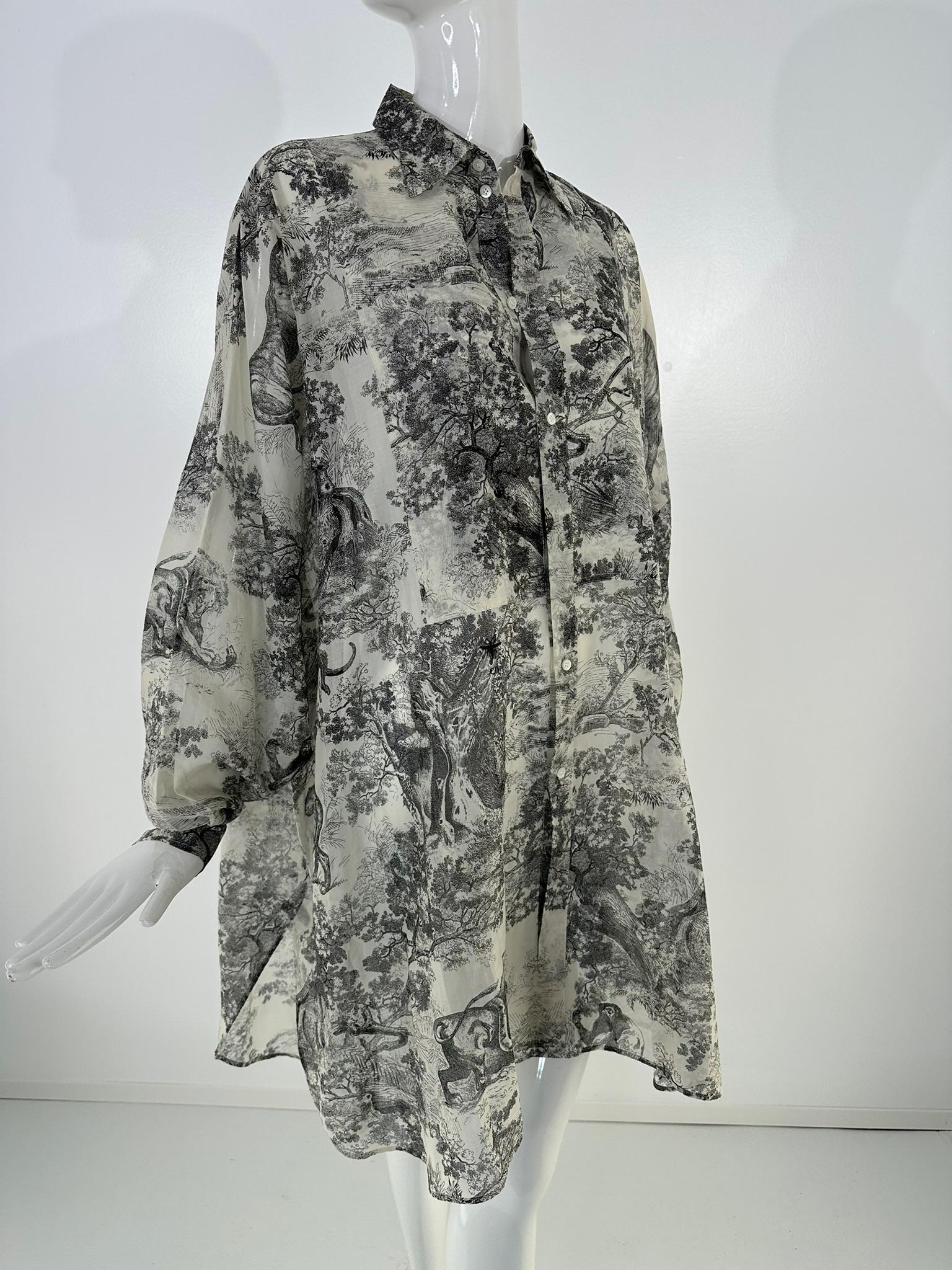 Christian Dior toile de jouy black & white sheer cotton voile tunic, curved shirt tail hems front and back, mini dress, tunic. There are double layered rectangle panels at the bust fronts, beginning at the shoulder to below the bust. Gorgeous light