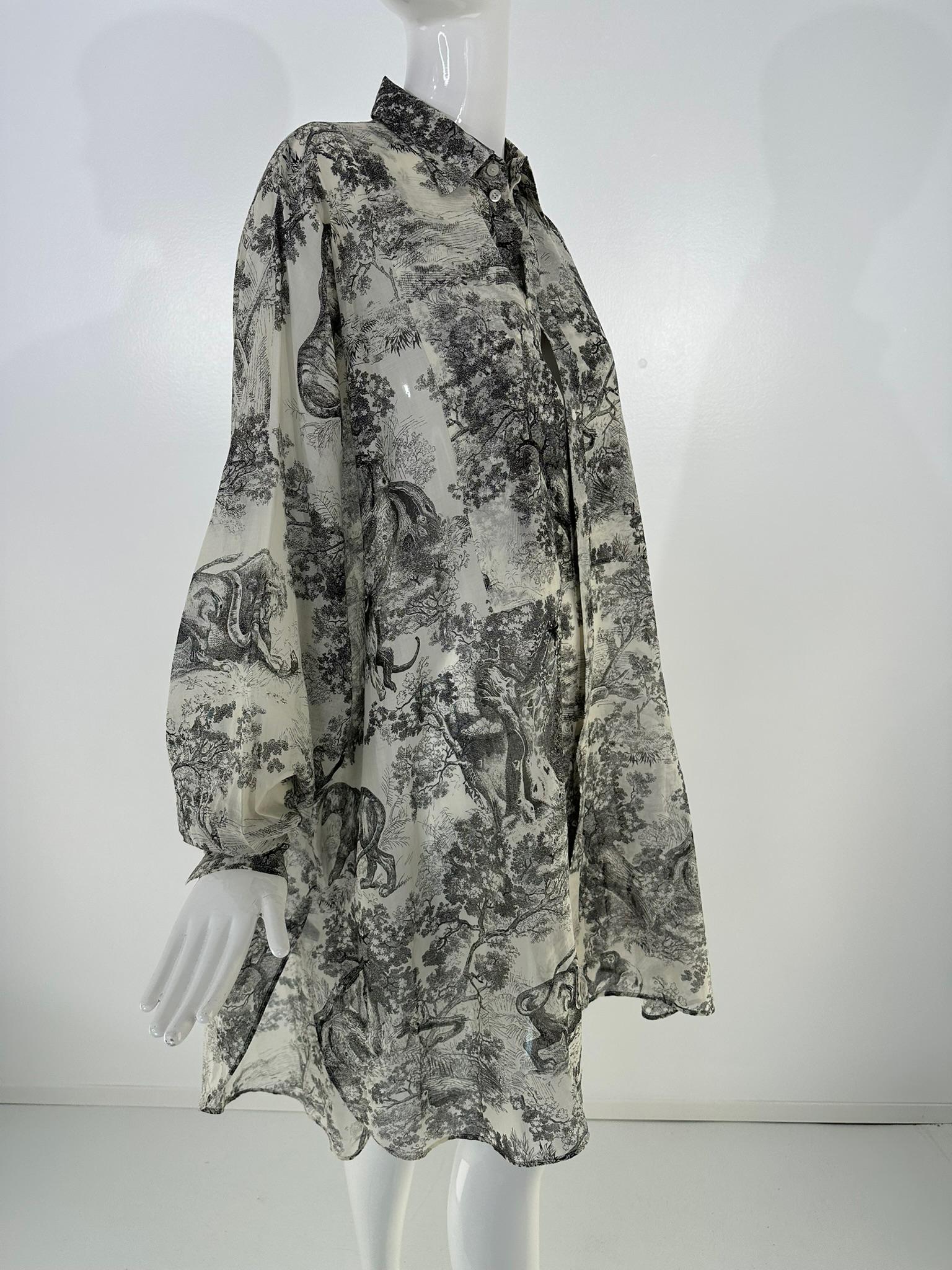 Gray Christian Dior Toile de Jouy Black & White Sheer Cotton Voile Tunic Dress 10 For Sale