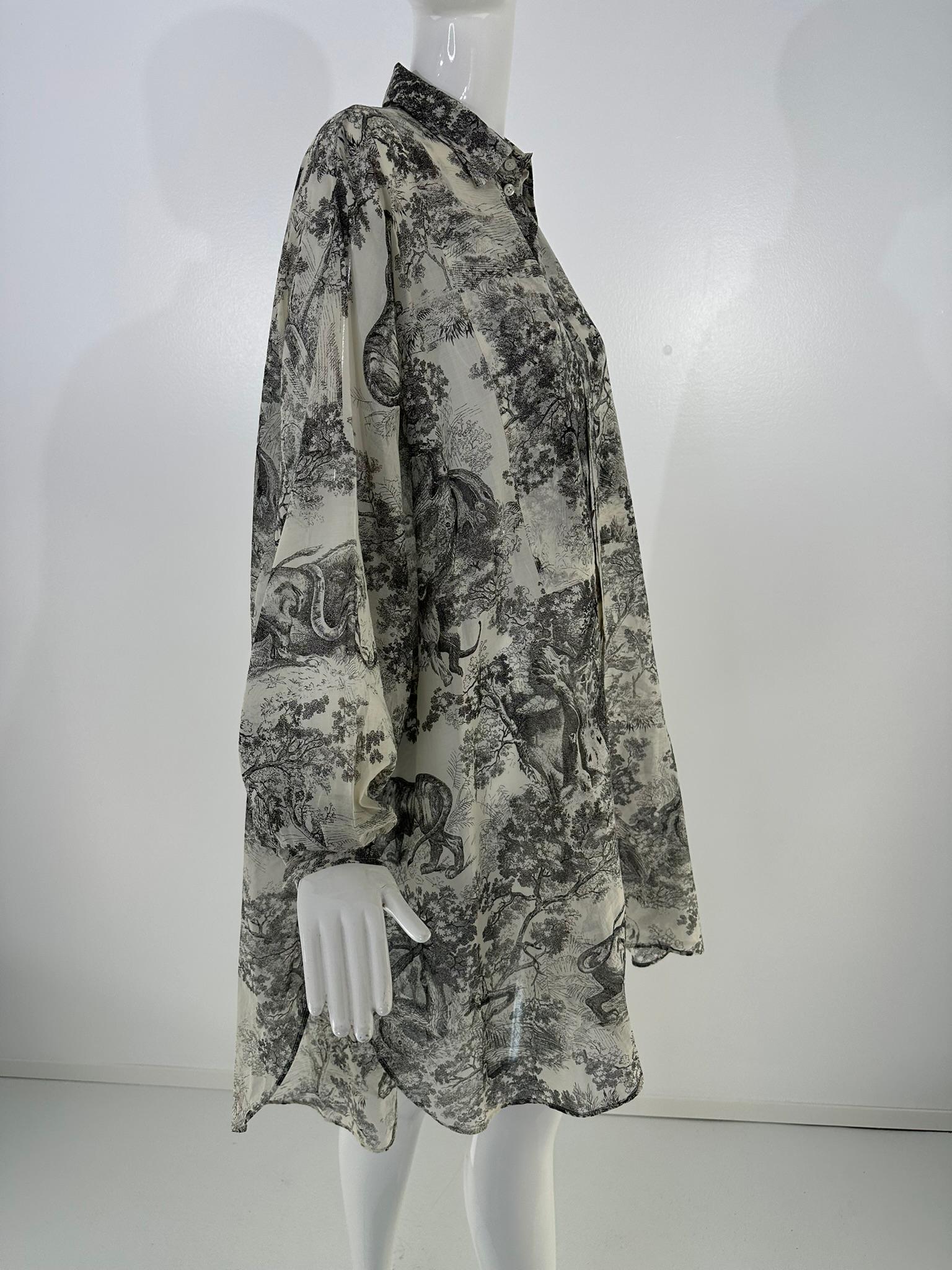 Christian Dior Toile de Jouy Black & White Sheer Cotton Voile Tunic Dress 10 In Excellent Condition For Sale In West Palm Beach, FL