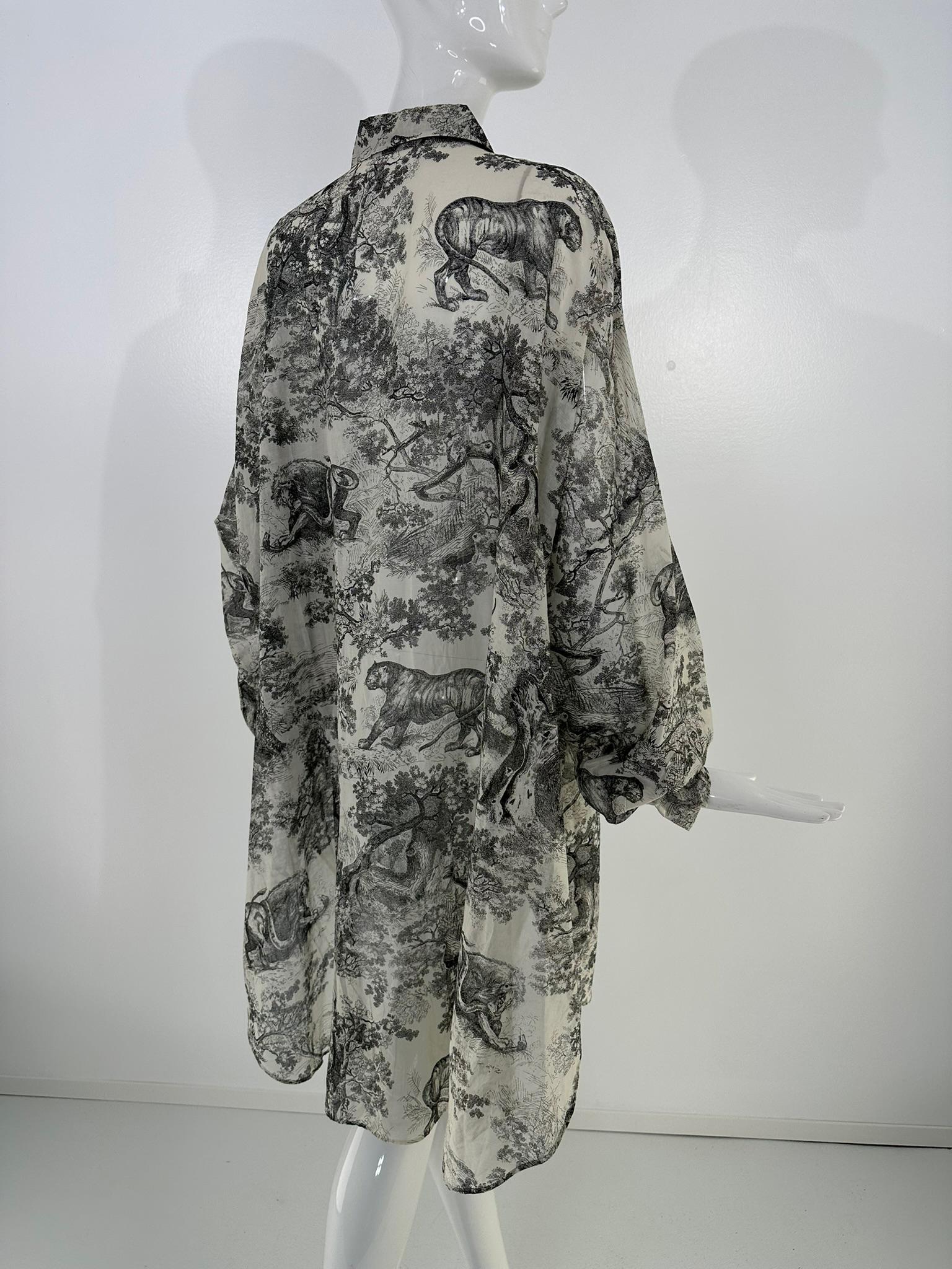 Christian Dior Toile de Jouy Black & White Sheer Cotton Voile Tunic Dress 10 For Sale 1