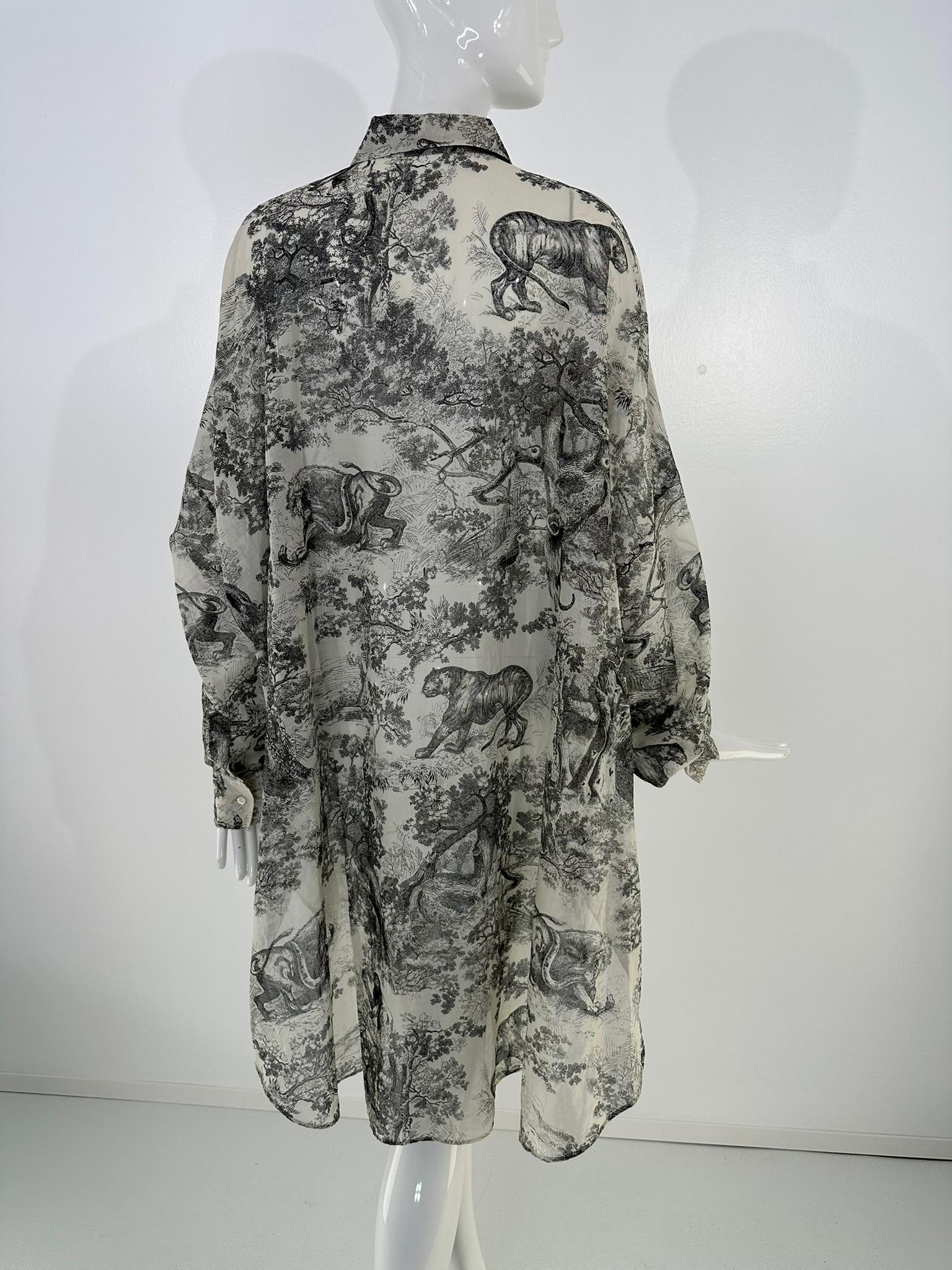 Christian Dior Toile de Jouy Black & White Sheer Cotton Voile Tunic Dress 10 For Sale 2