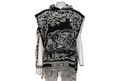 Christian Dior Toile De Jouy Hooded Logo Poncho Printed Fringe Blue White Cotton