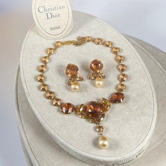 Christian Dior Topaz 1950 glass drop Pearl Necklace and Earring set.