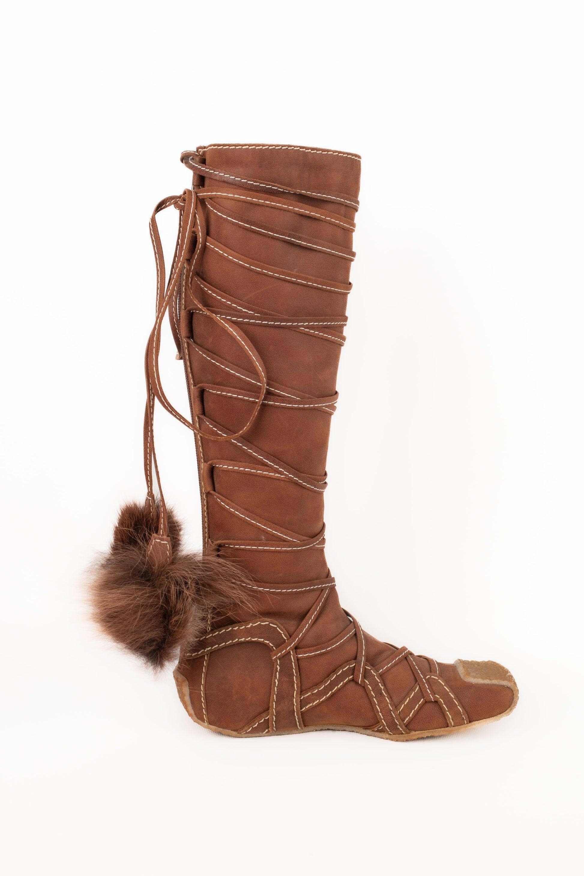 Christian Dior Topstitched Brown Leather Boots, 2002 For Sale 2