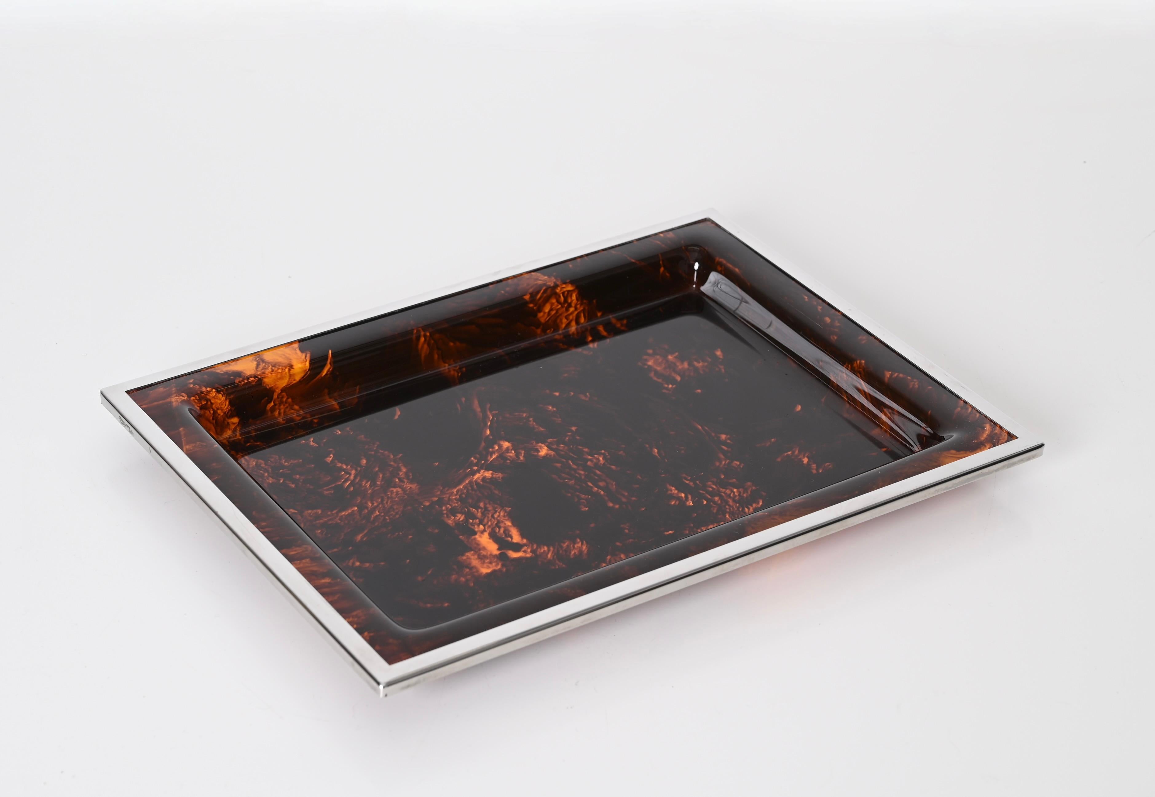 Mid-Century Modern Christian Dior Tortoiseshell Effect Lucite and Chrome Serving Tray, Italy 1970s For Sale