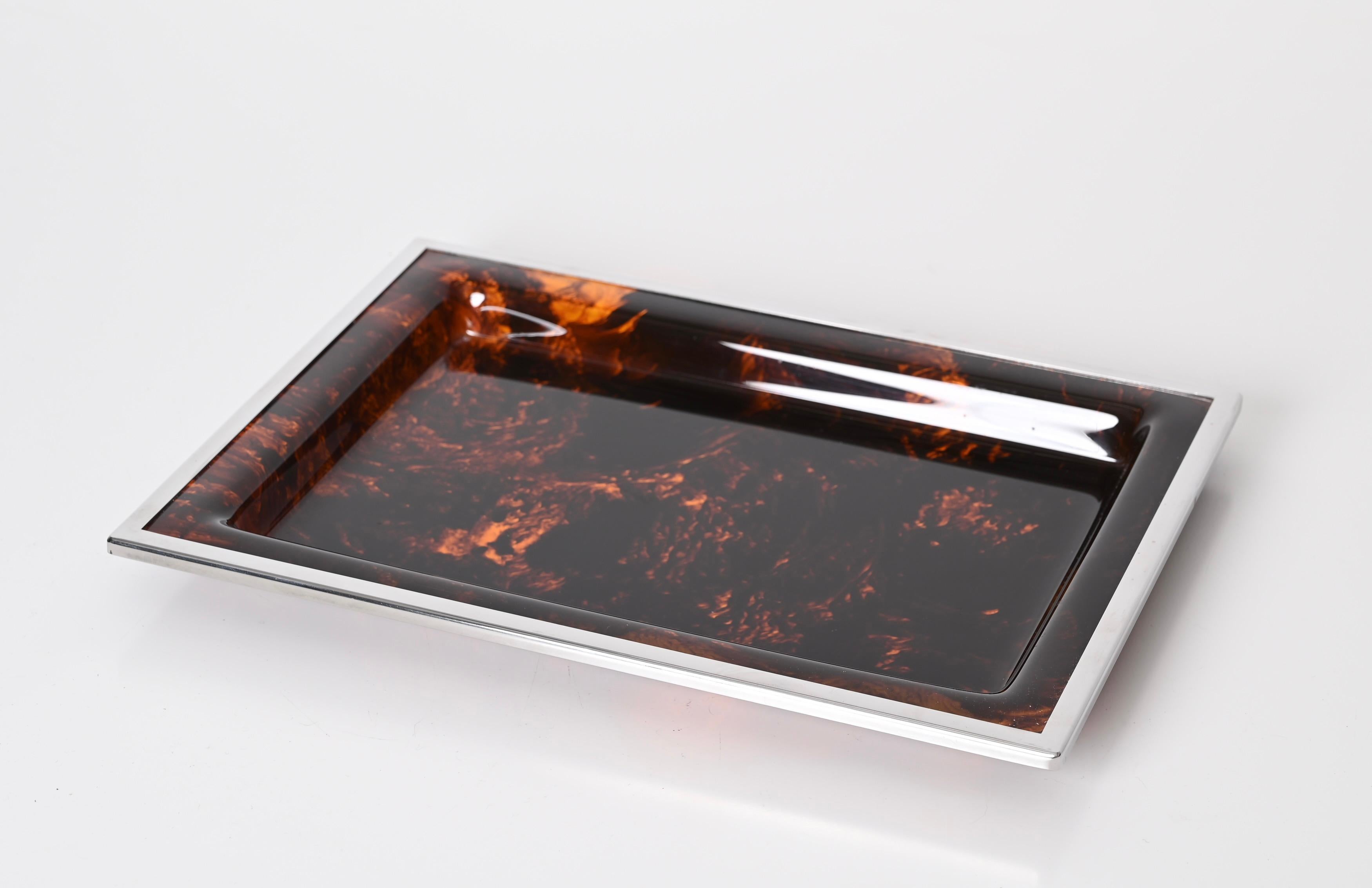 Metal Christian Dior Tortoiseshell Effect Lucite and Chrome Serving Tray, Italy 1970s For Sale