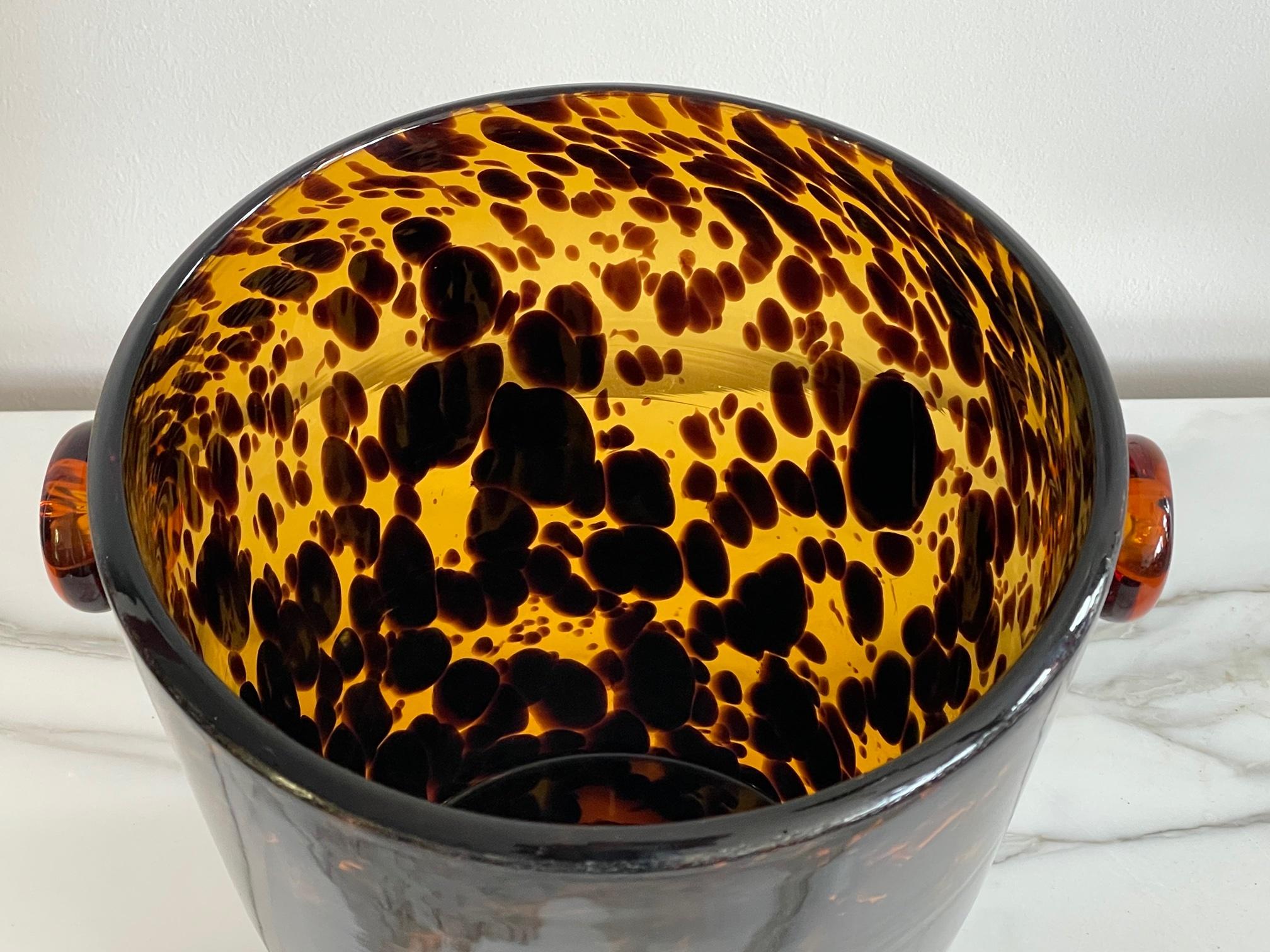 Christian Dior ice bucket or a wine cooler made in Italy by Empoli, ca' 1960's. Beautiful and stylish blown glass with tortoise effect. Measures: Height is 9.25