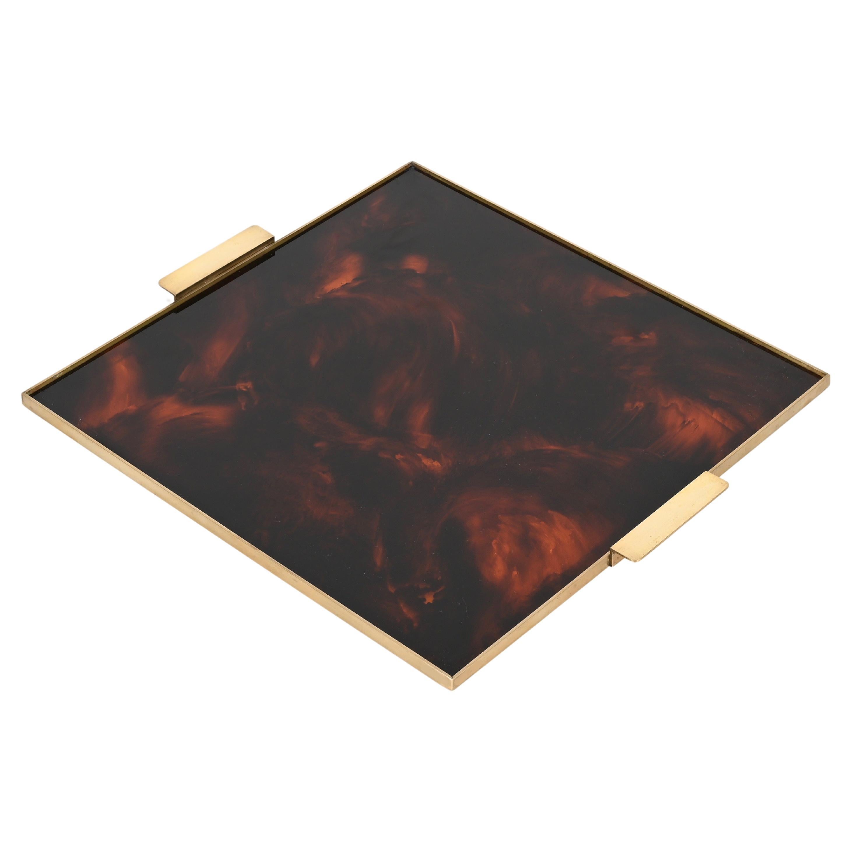 Christian Dior Tortoiseshell Lucite and Brass Square Serving Tray, Italy 1970s